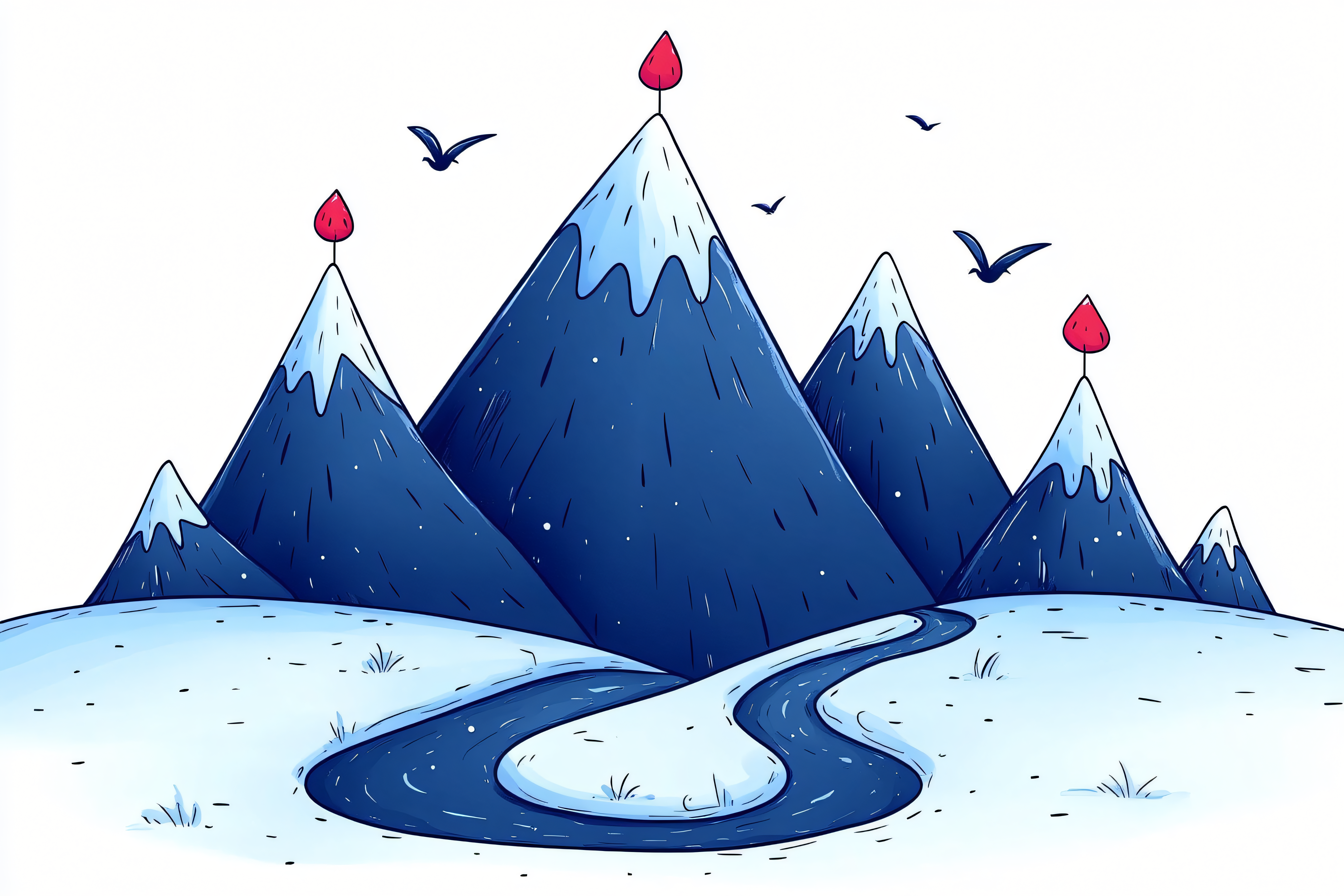 Snowy Mountain Landscape with Red Trees