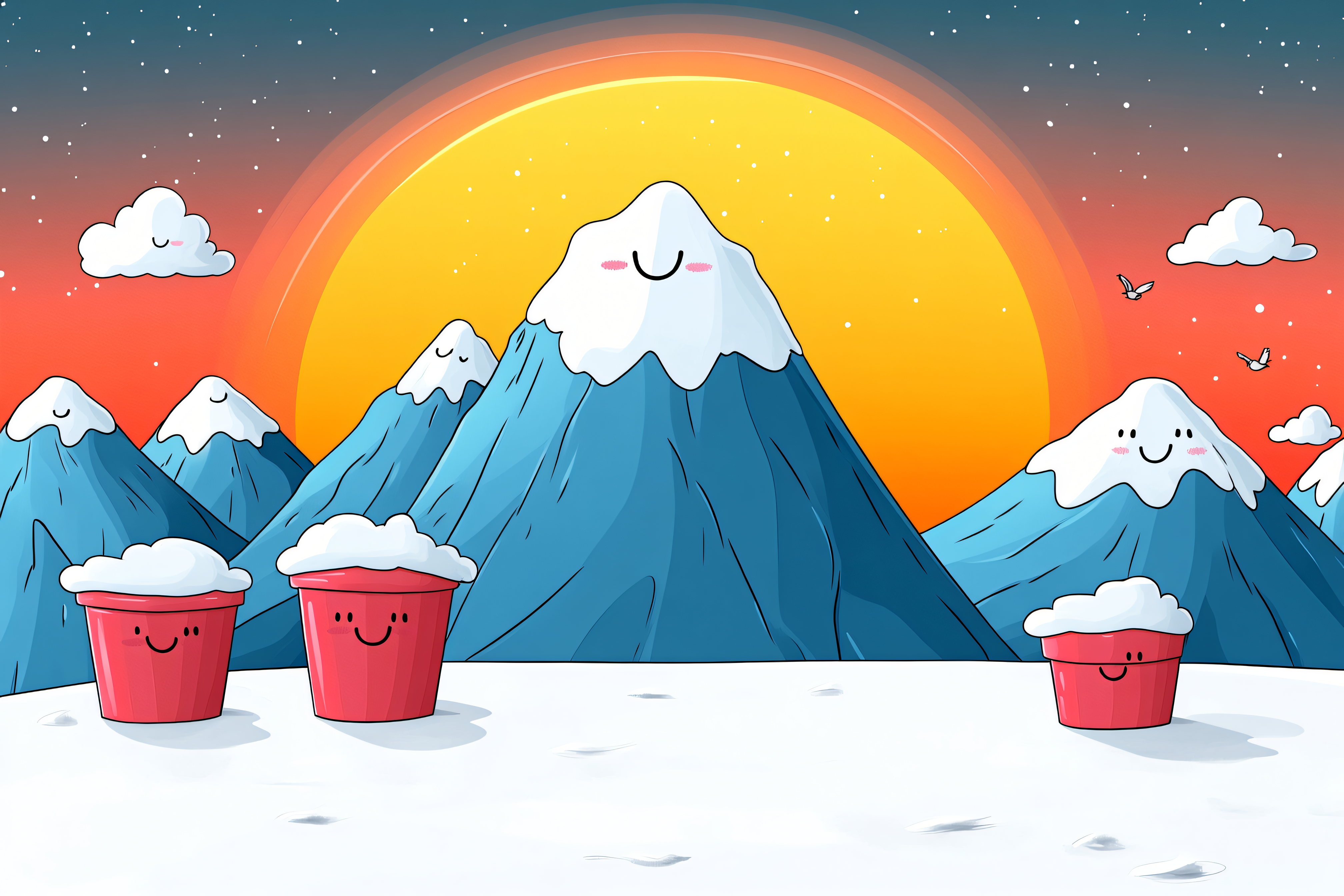 Snowy Mountain Landscape with Smiling Buckets