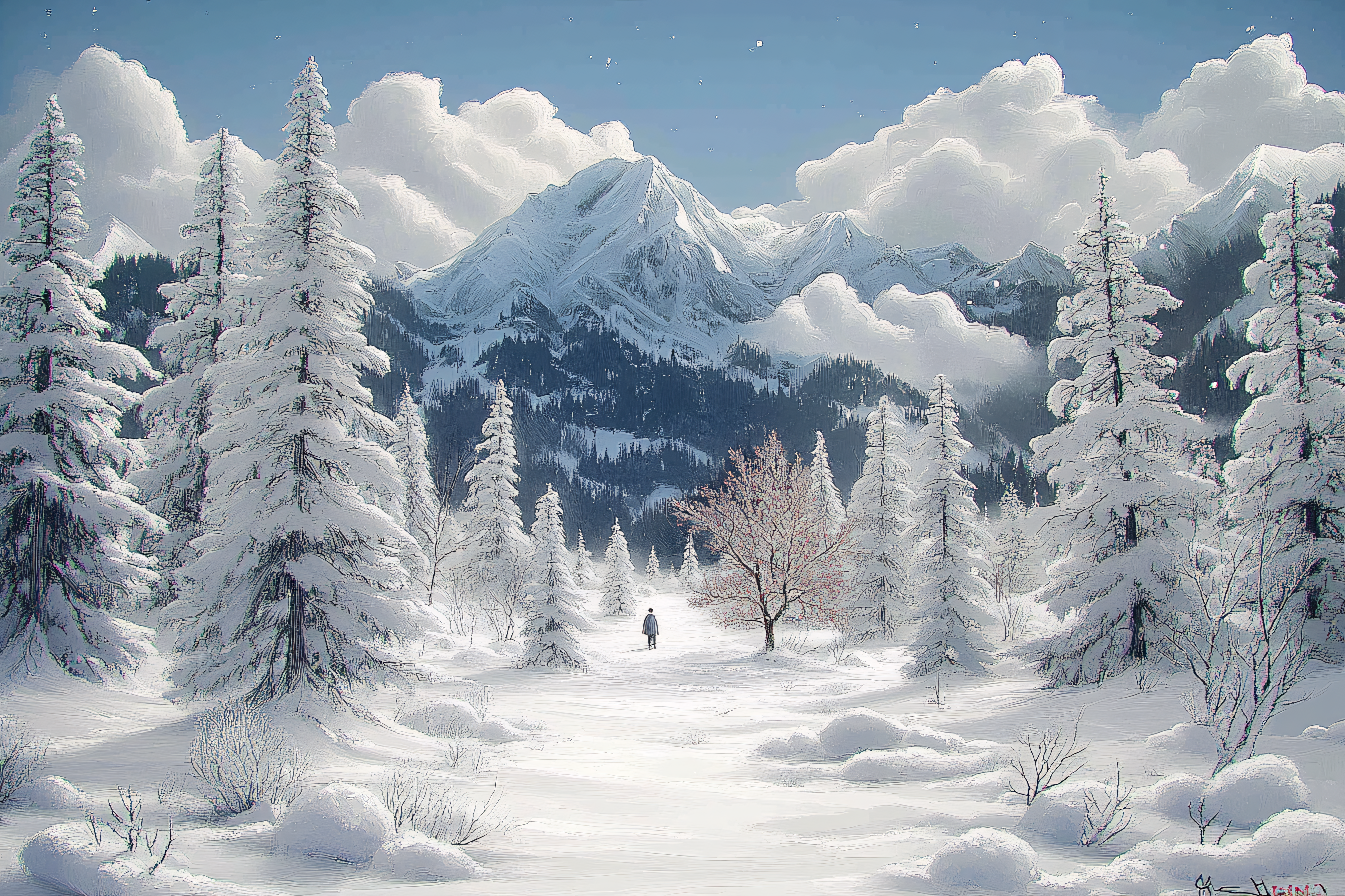 Snowy Mountain Landscape with Solitary Figure