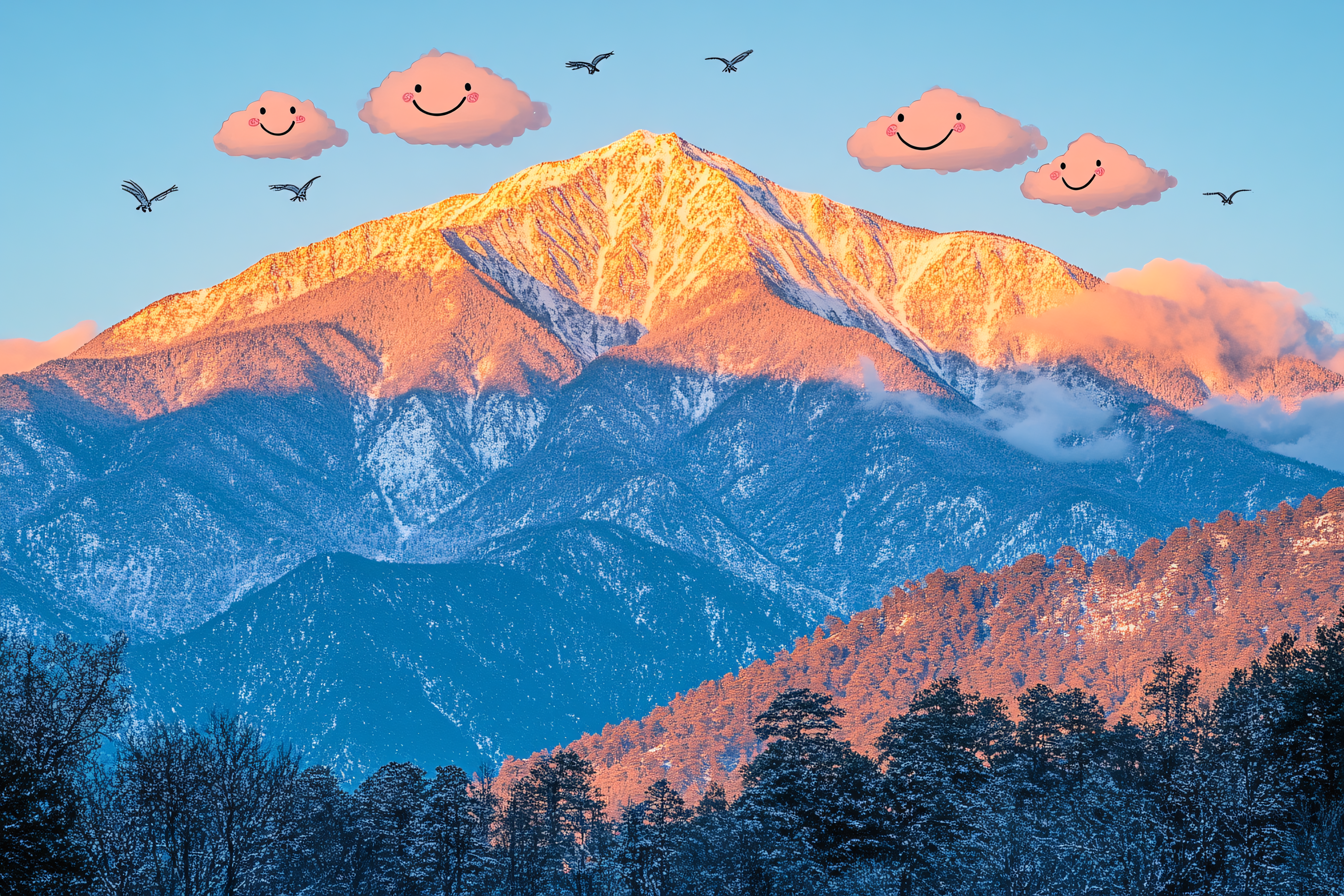 Snowy Mountain Peak with Cheerful Clouds