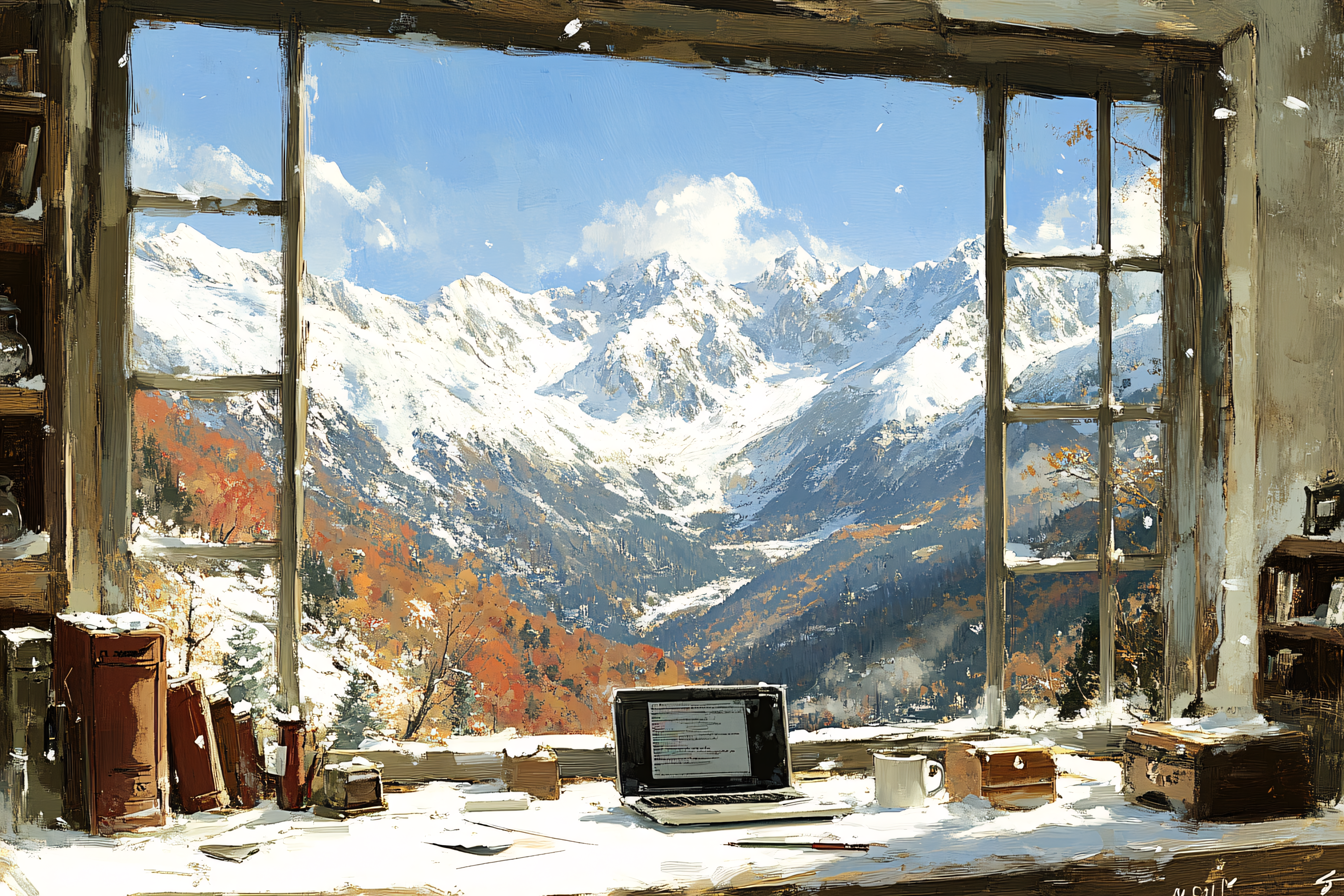 Snowy Mountain View From a Cozy Window