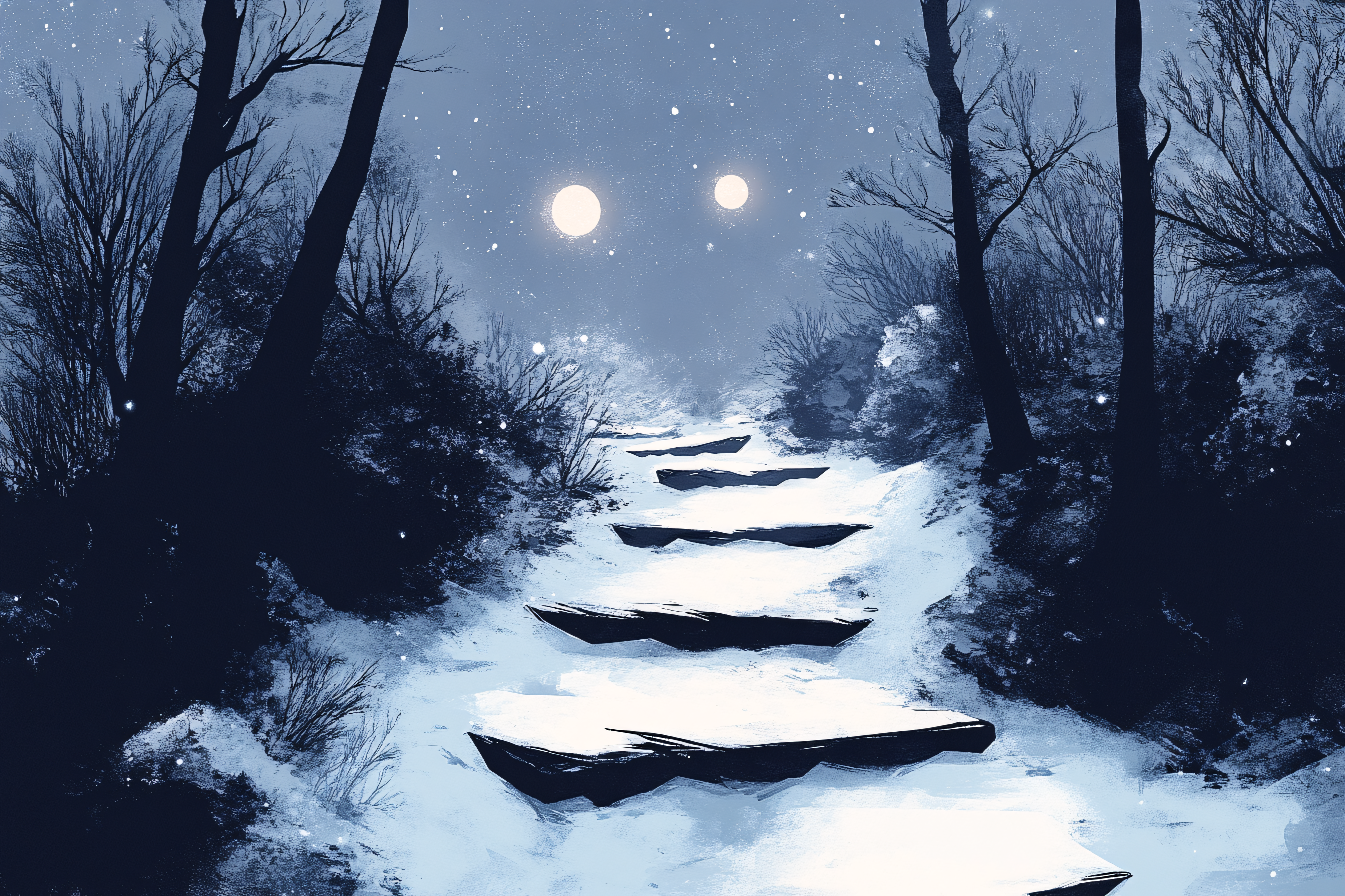 Snowy Path Under Twin Moons