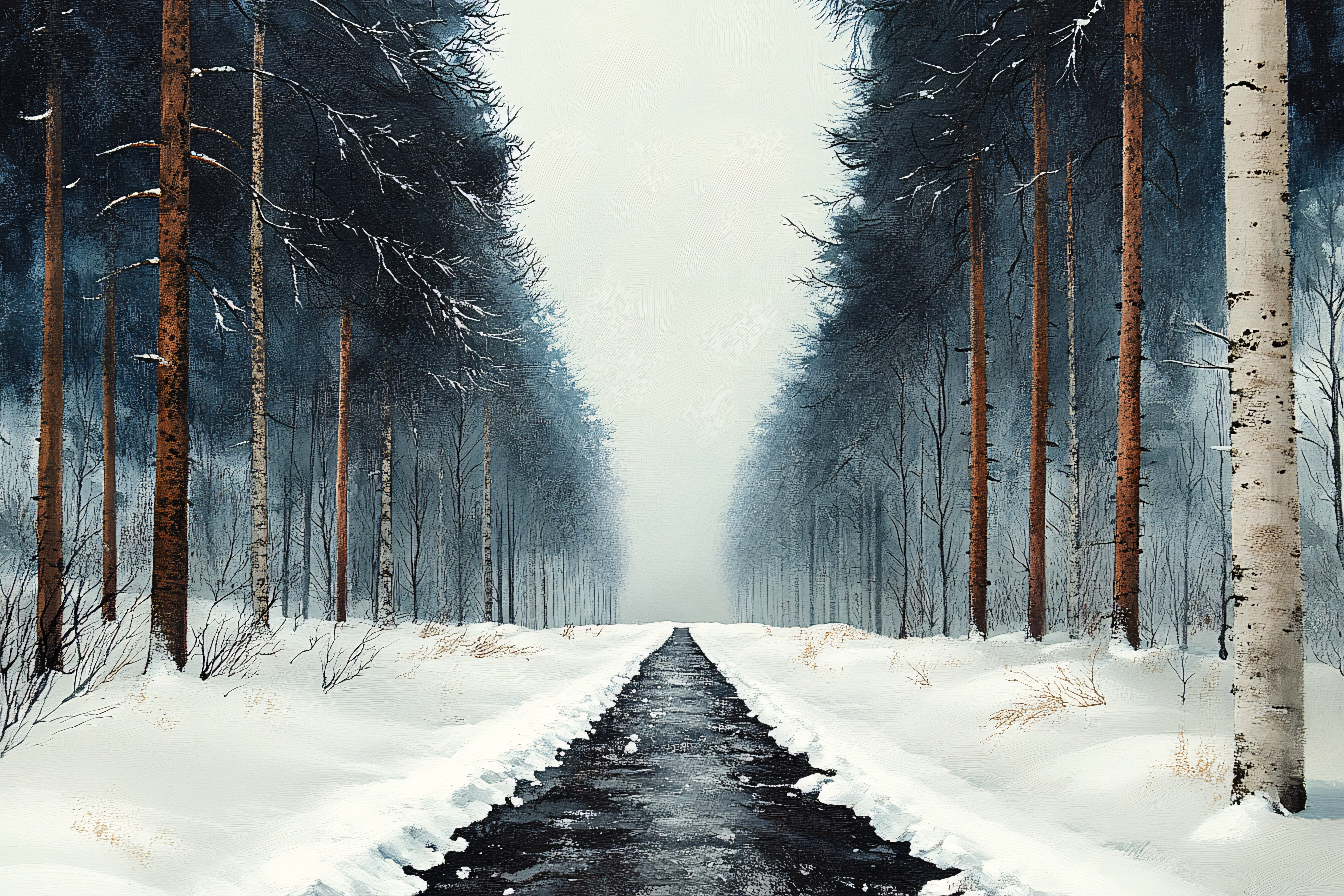Snowy Road Through Winter Forest