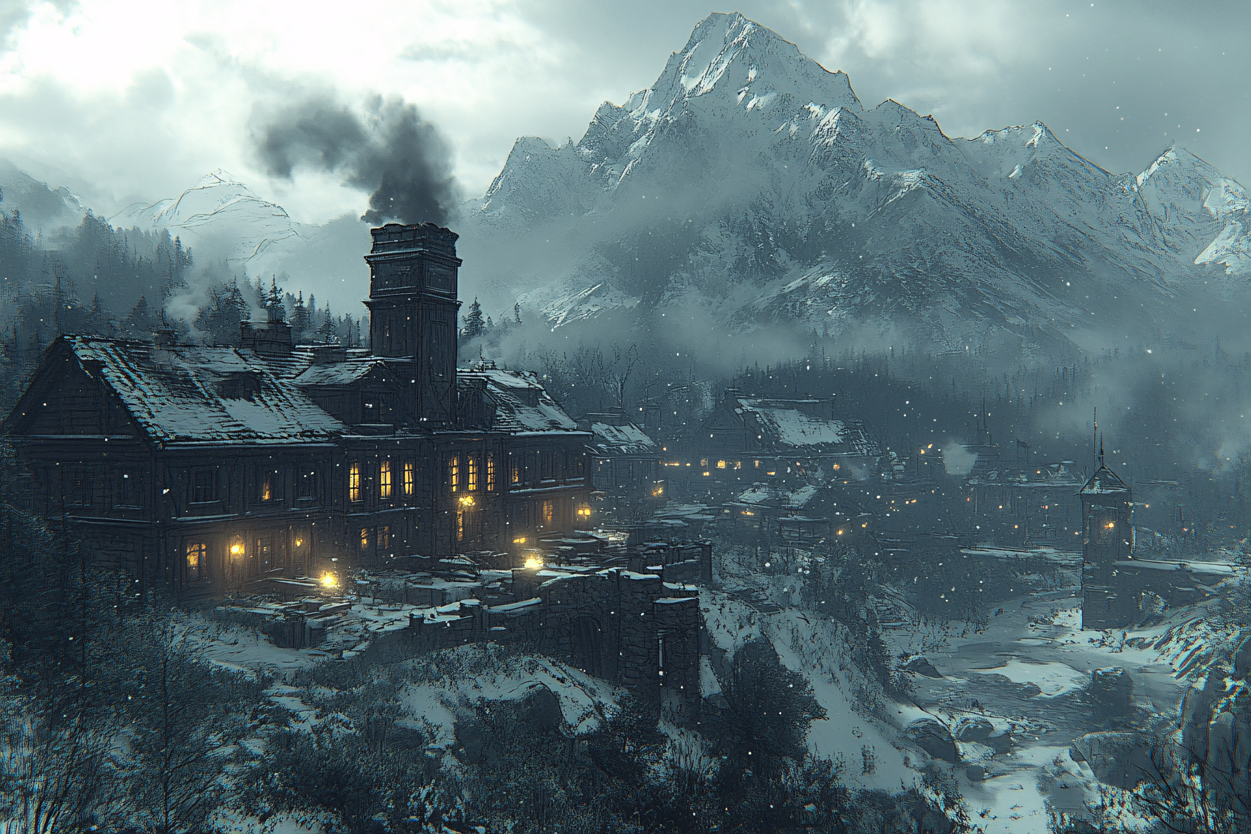 Snowy Village at Dusk