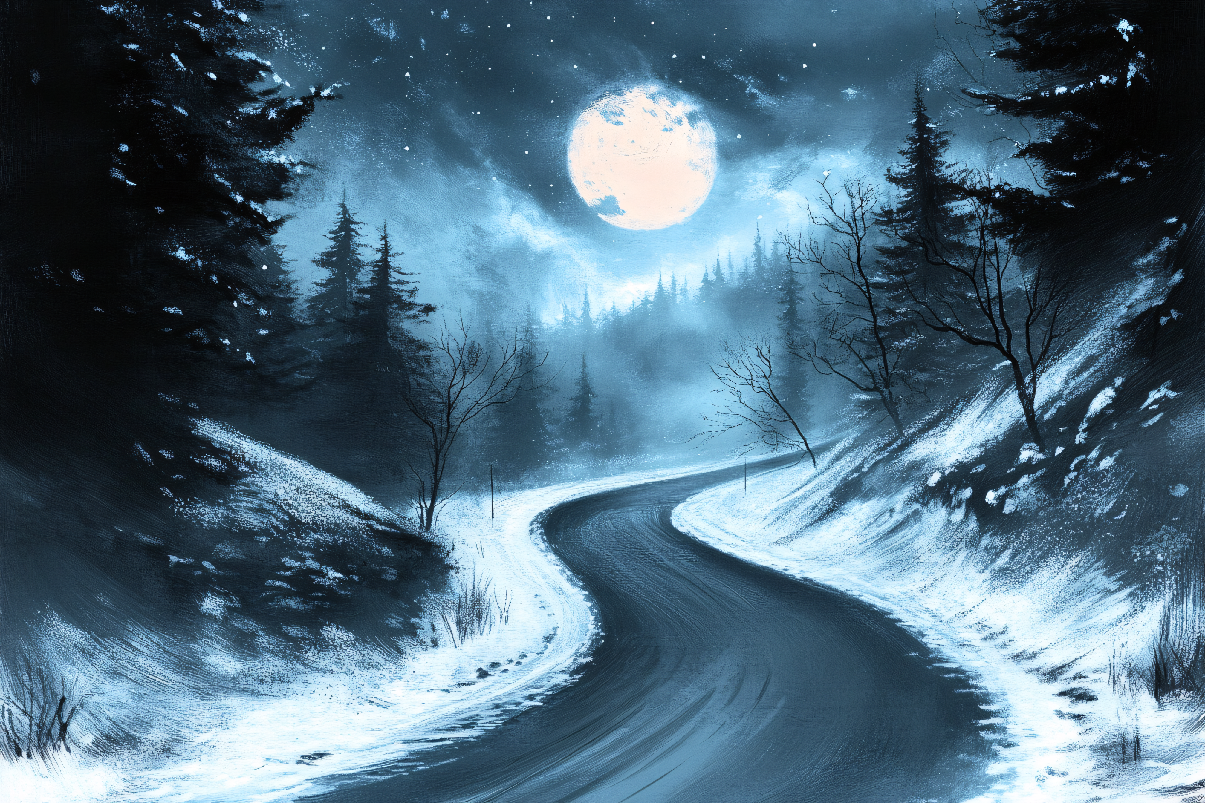Snowy Winter Road at Night