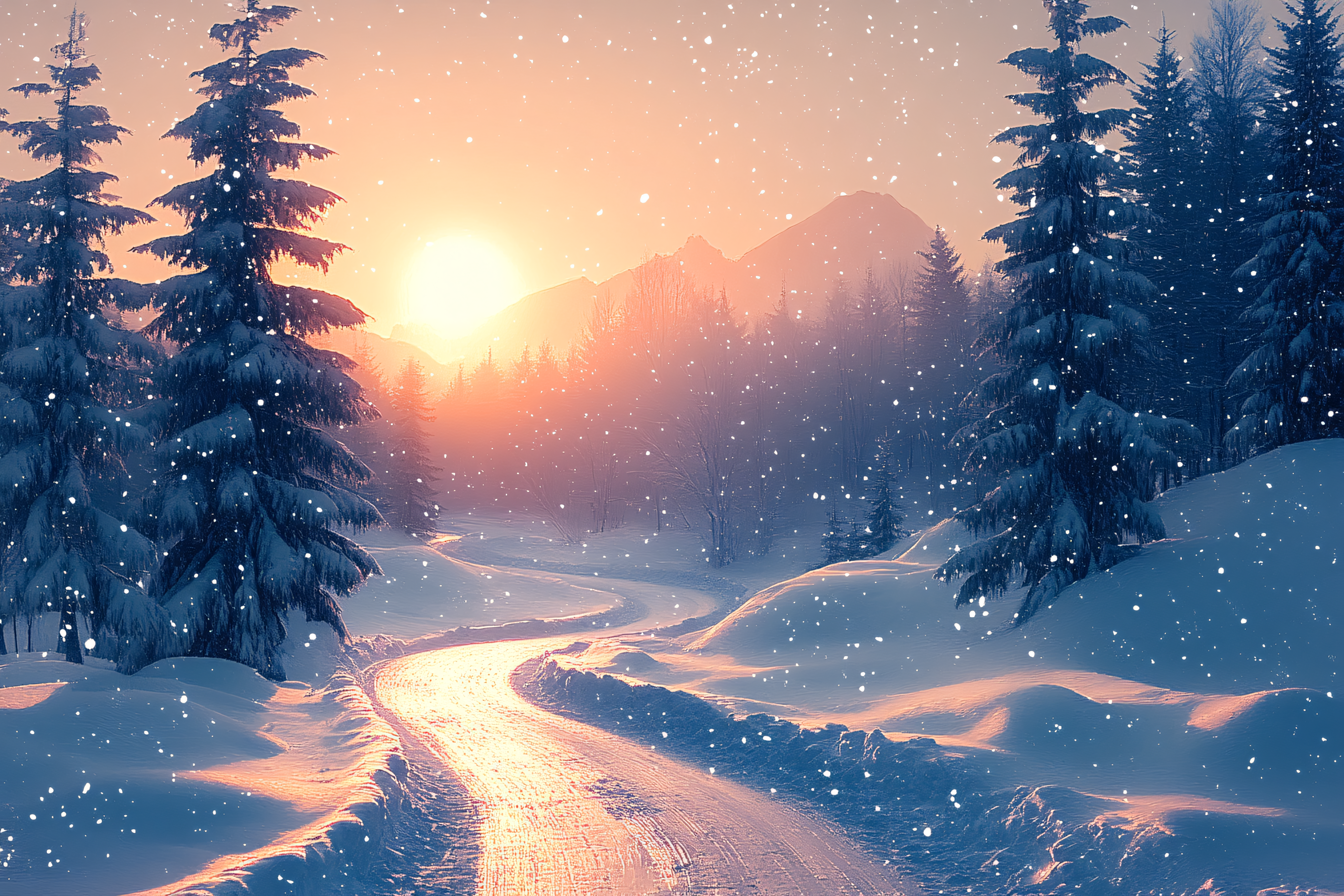 Snowy Winter Road at Sunset