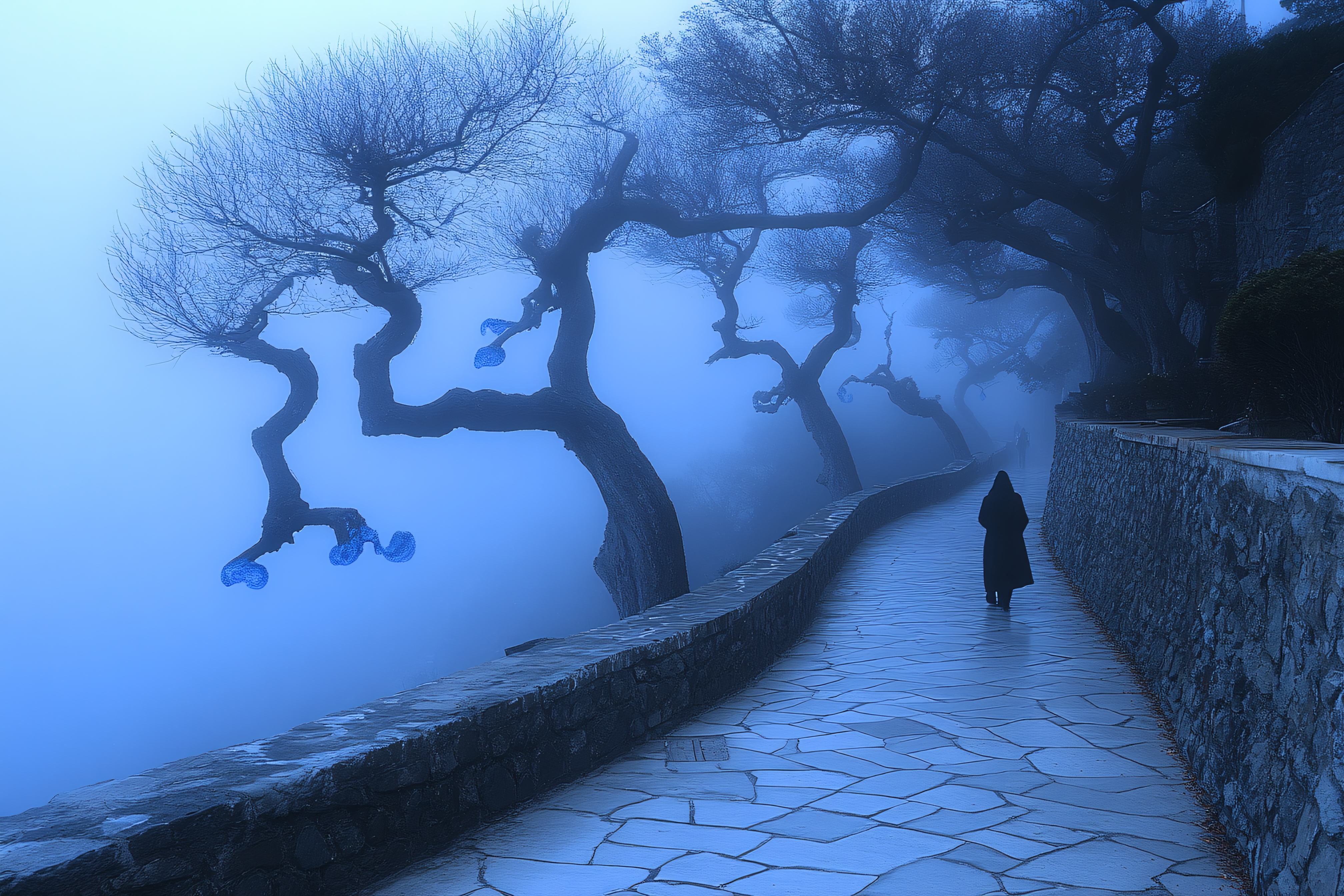 Solitary Figure on Misty Path