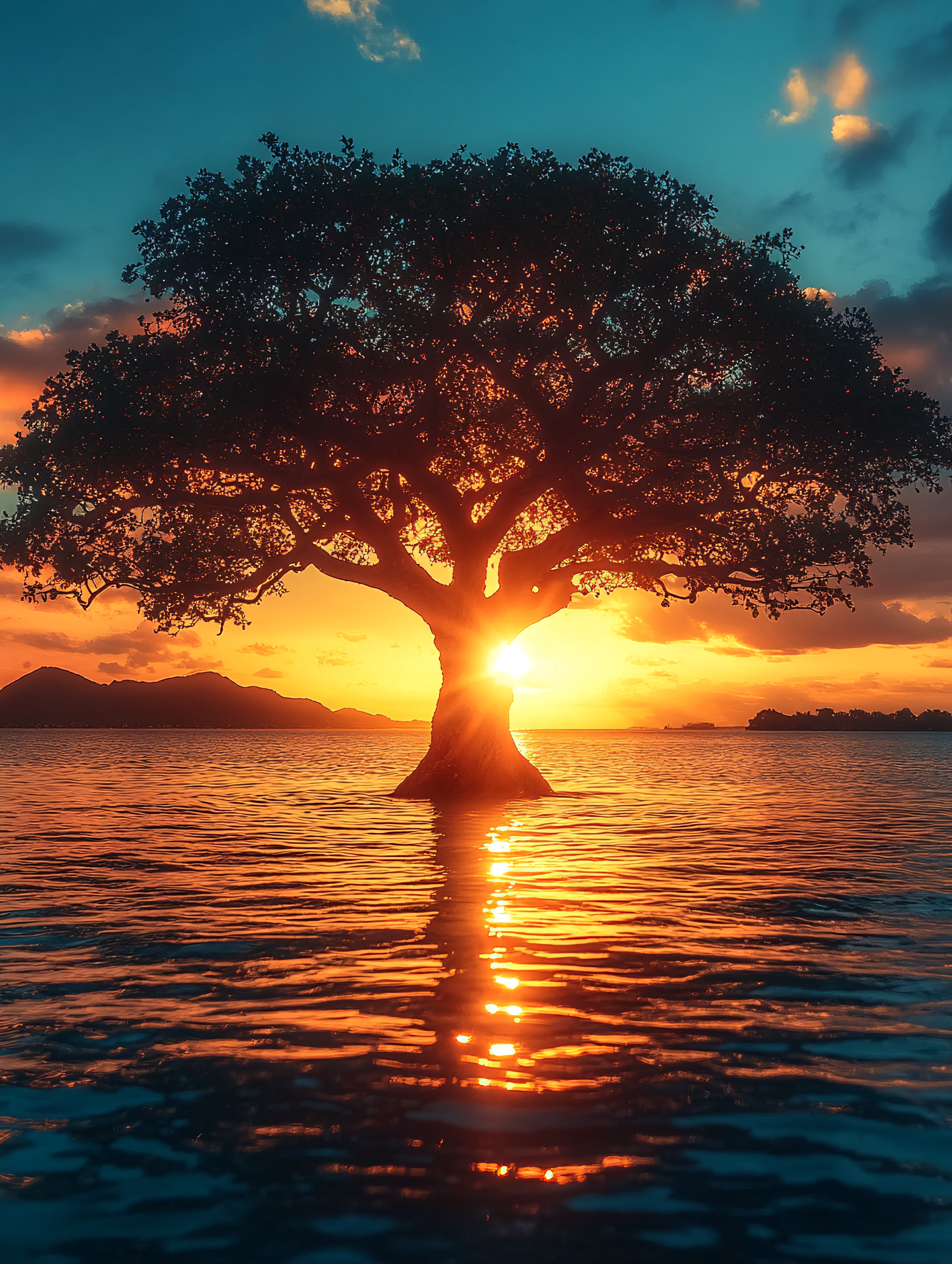 Solitary Tree In Water At Sunset