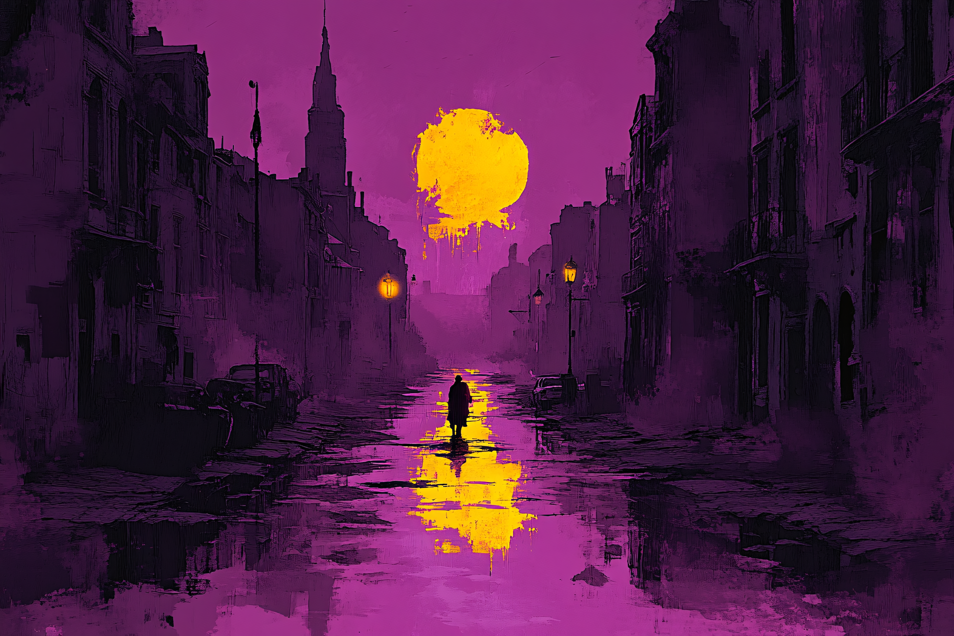 Solitary Walk In Purple Cityscape