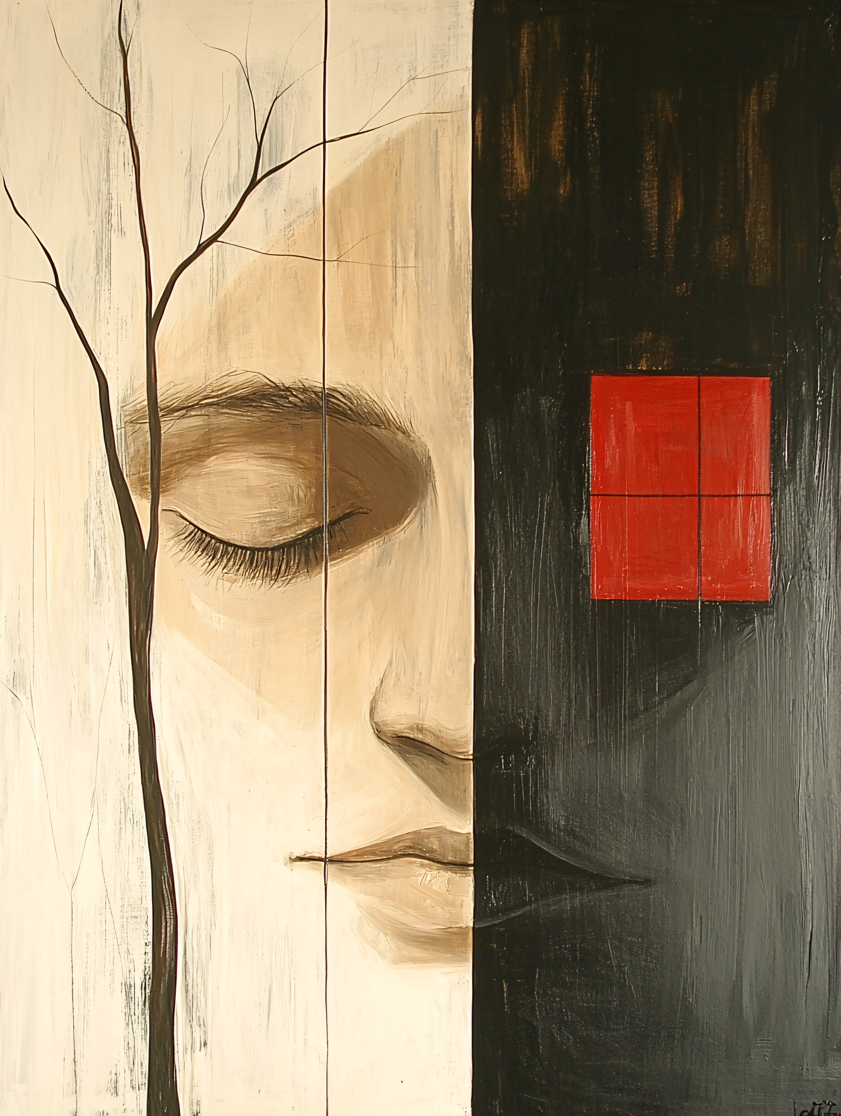 Split Face with Tree and Red Square