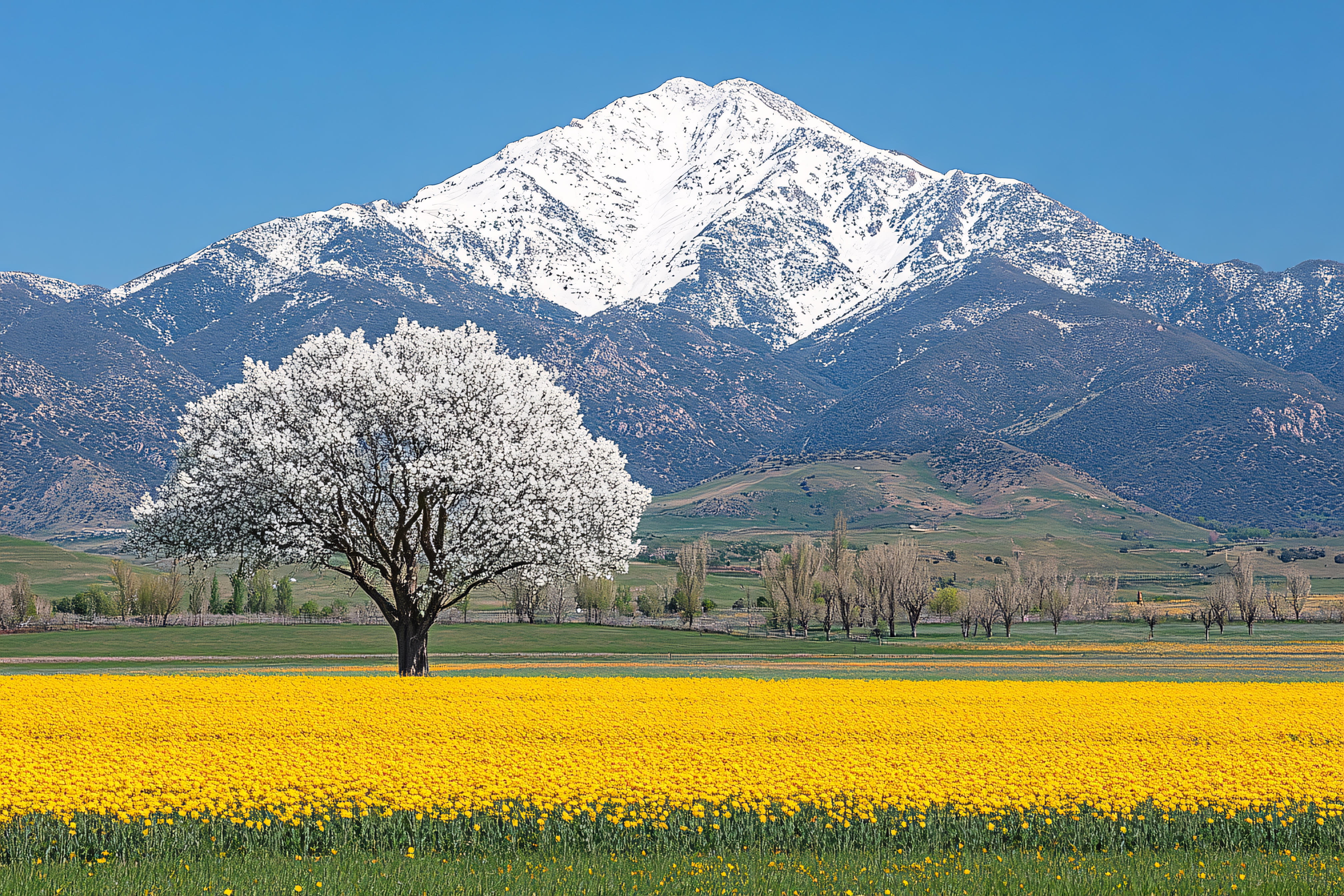 Spring Blooms Under Snow-Capped Mountain