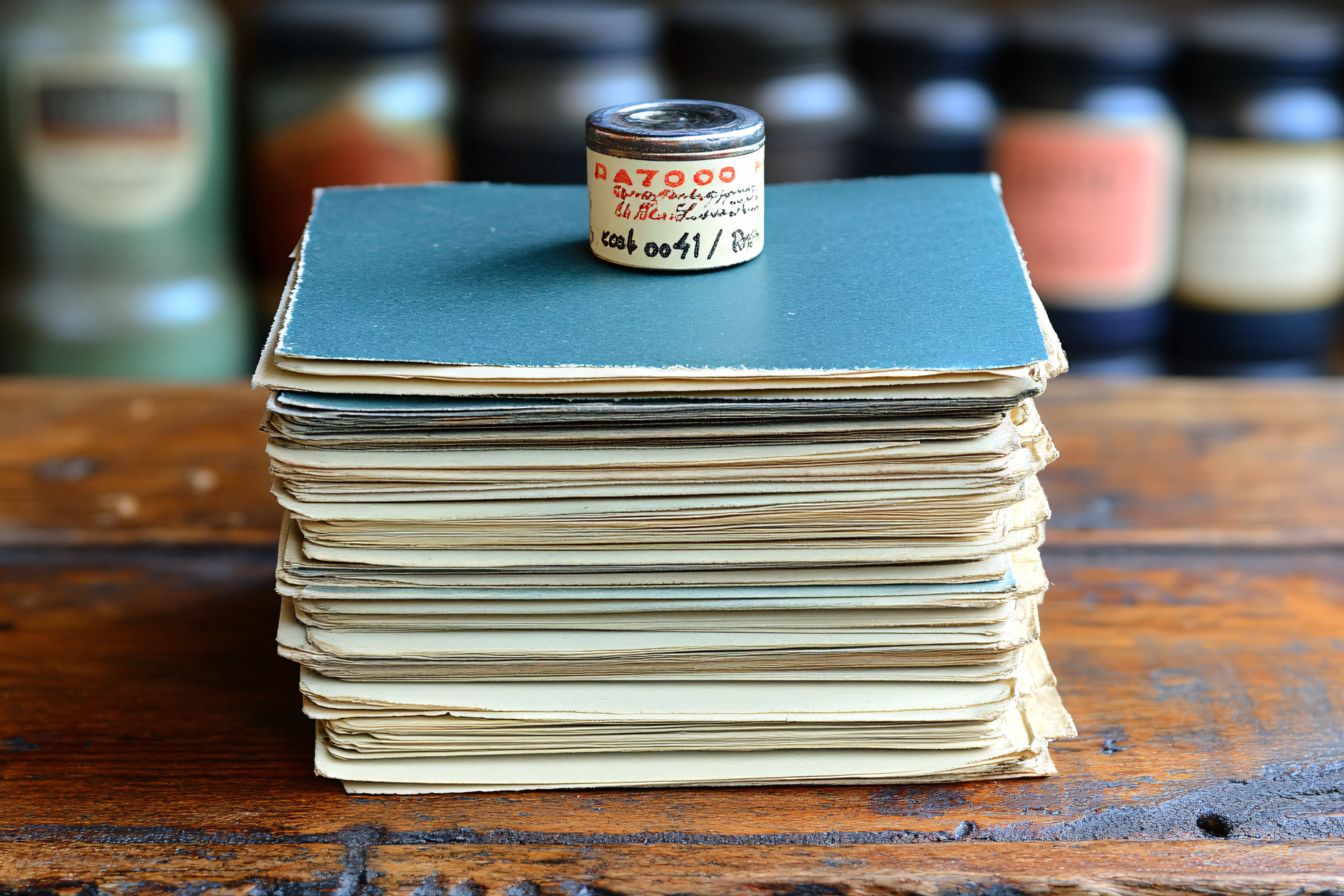 Stack Of Old Papers With Tin Can