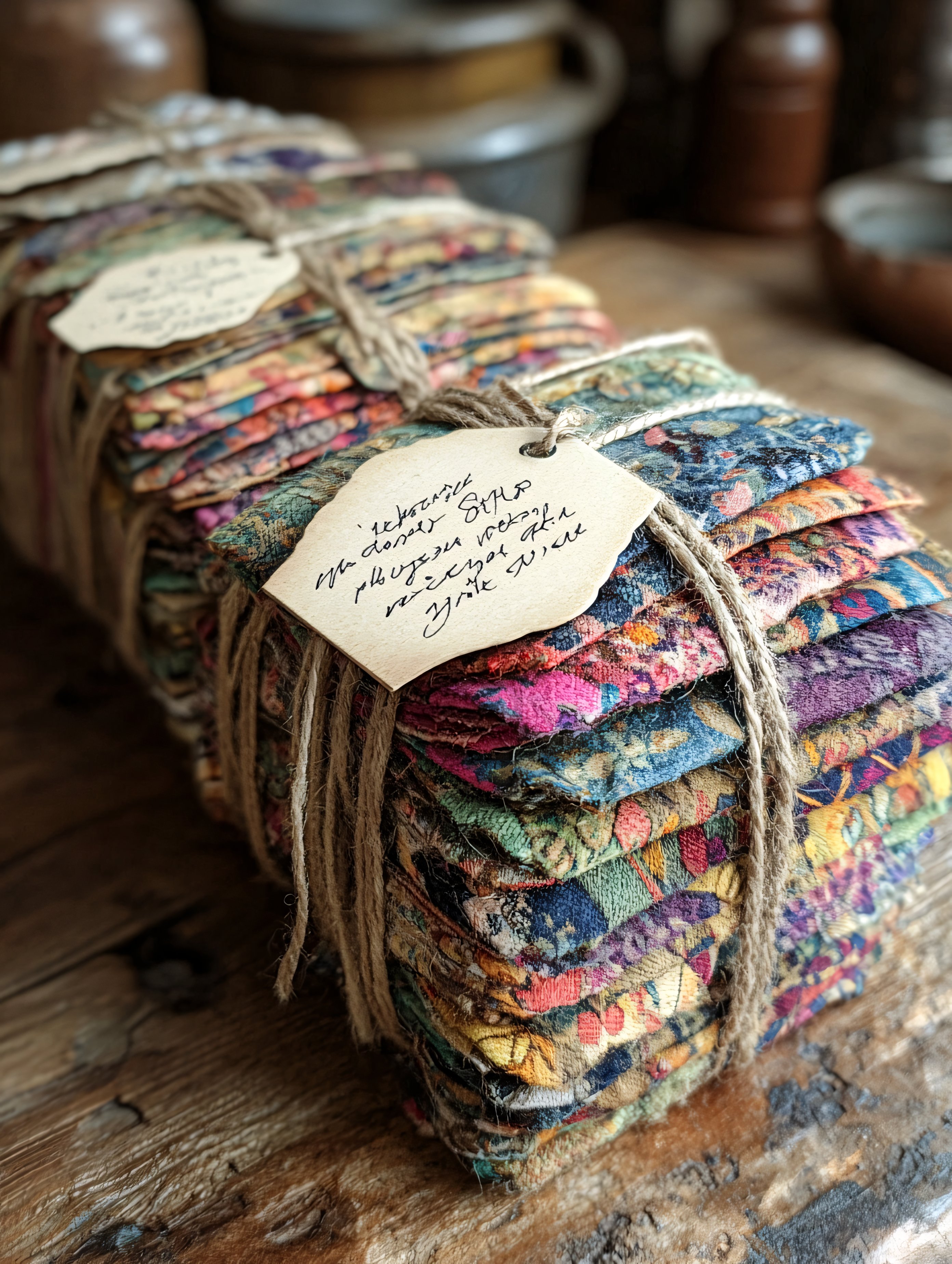 Stacked Fabric Squares with Tags