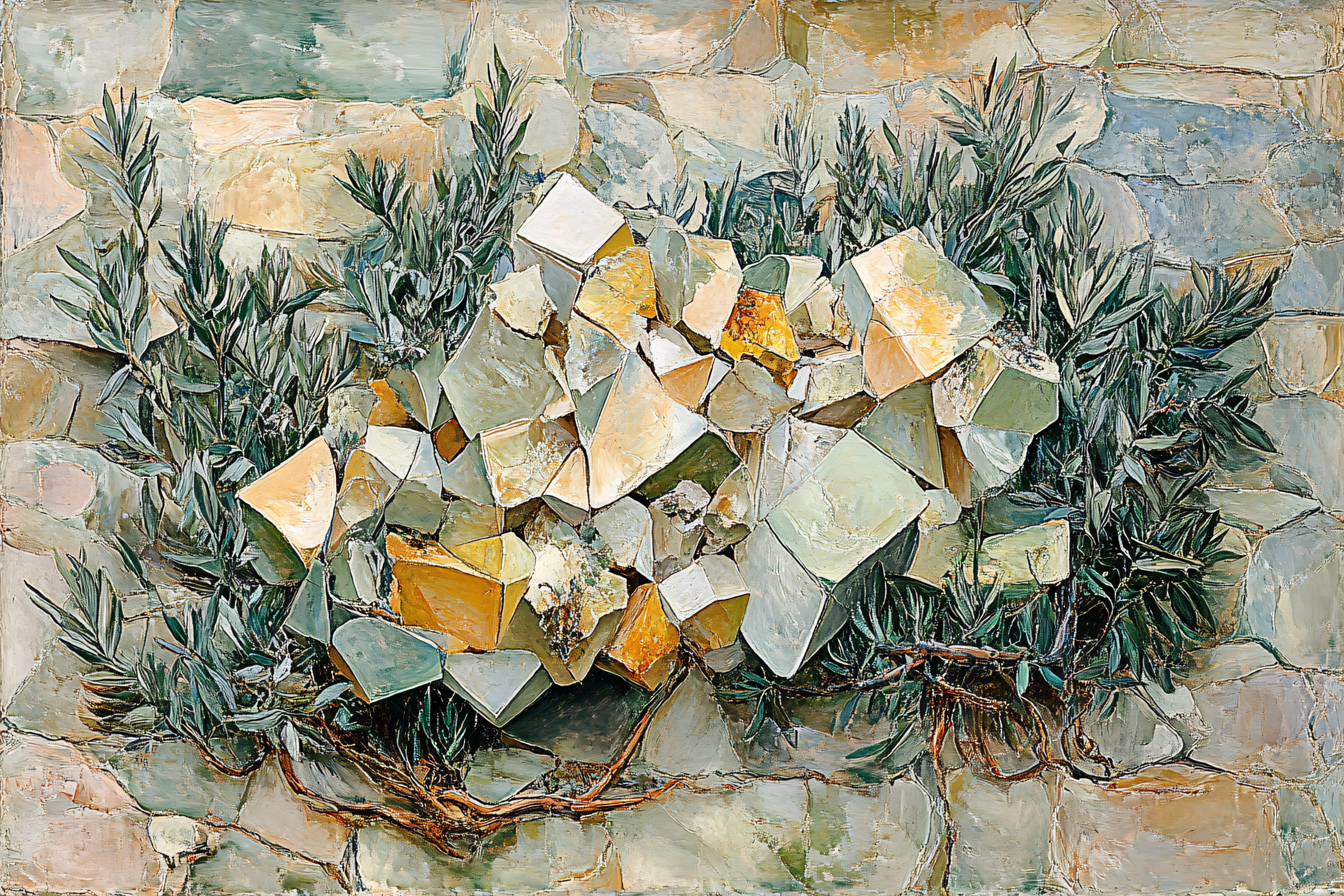 Stacked Geometric Stones with Foliage
