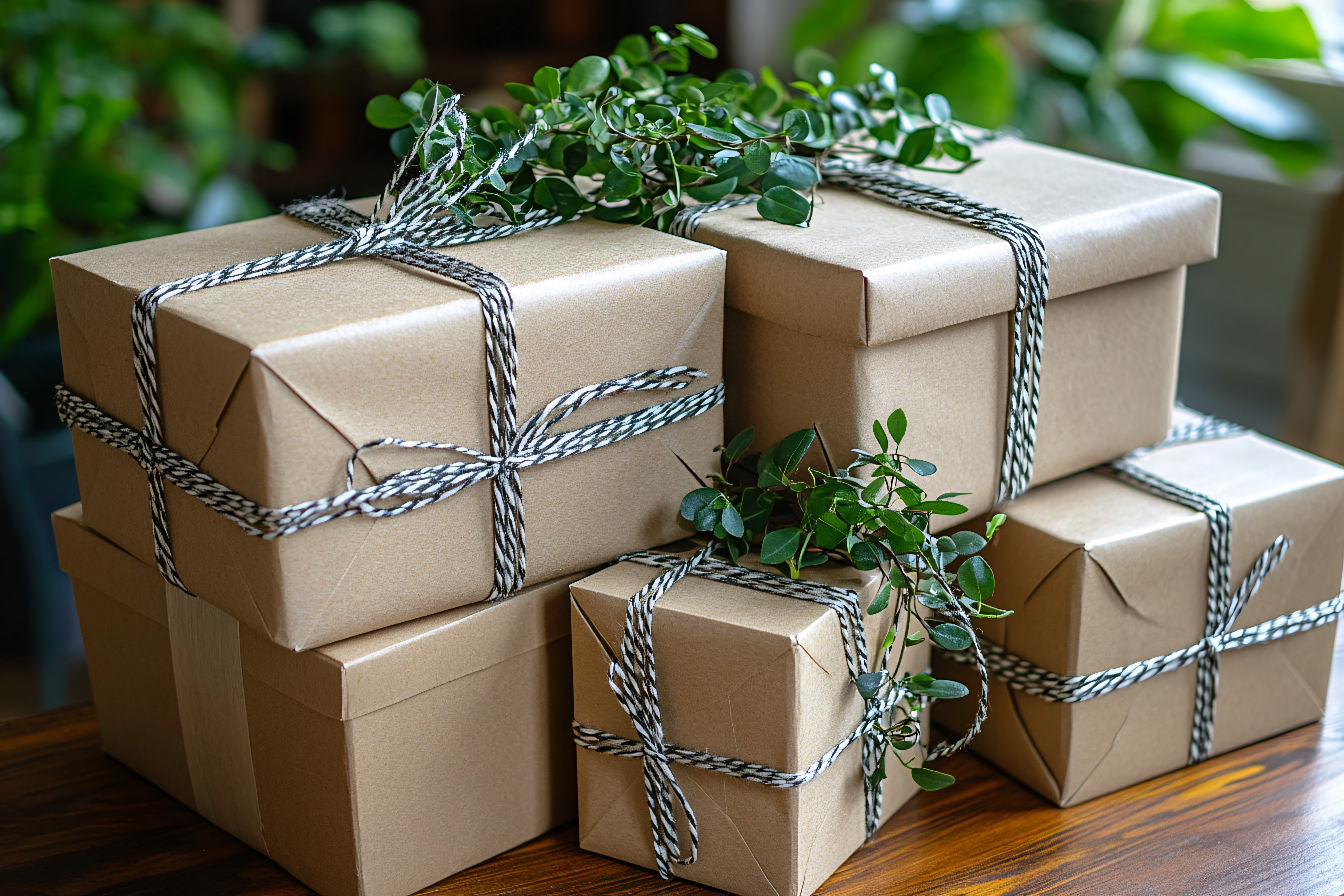 Stacked Gift Boxes with Greenery
