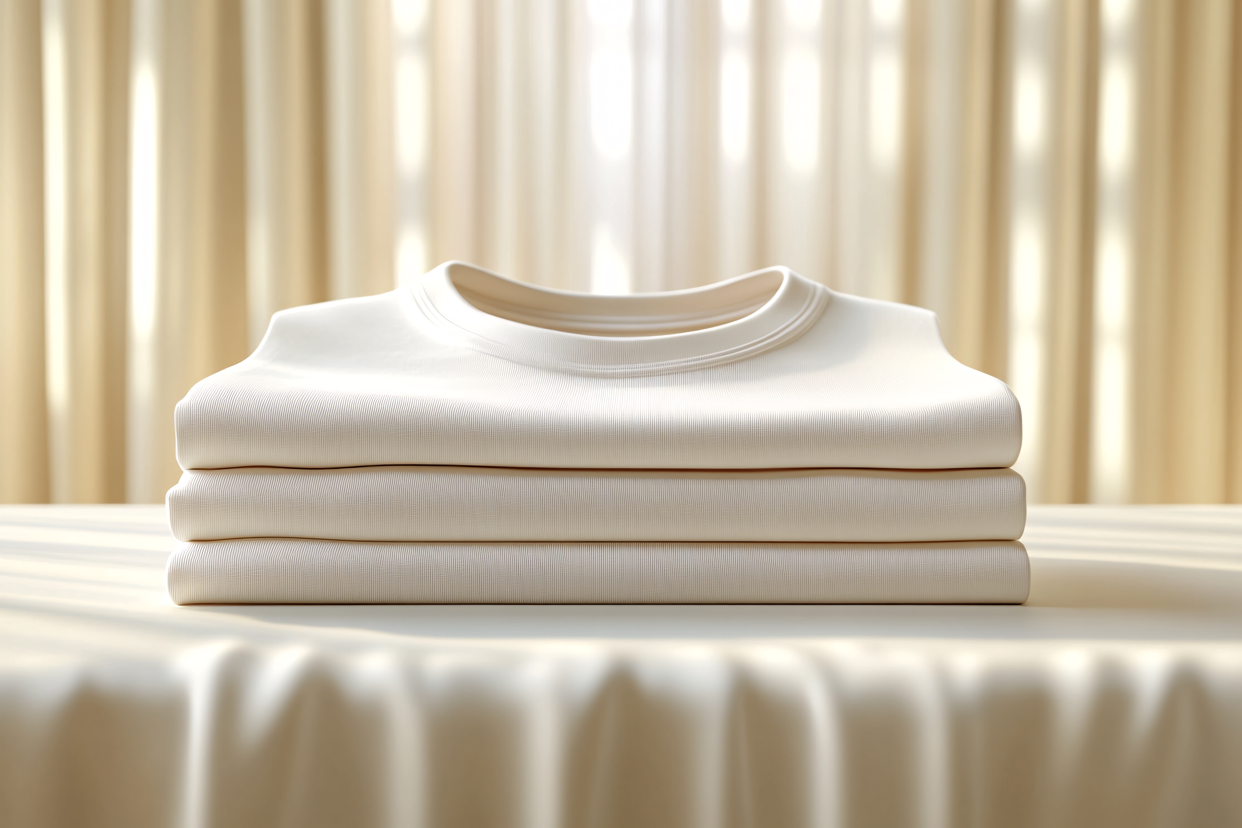 Stacked White T-Shirts on Draped Table