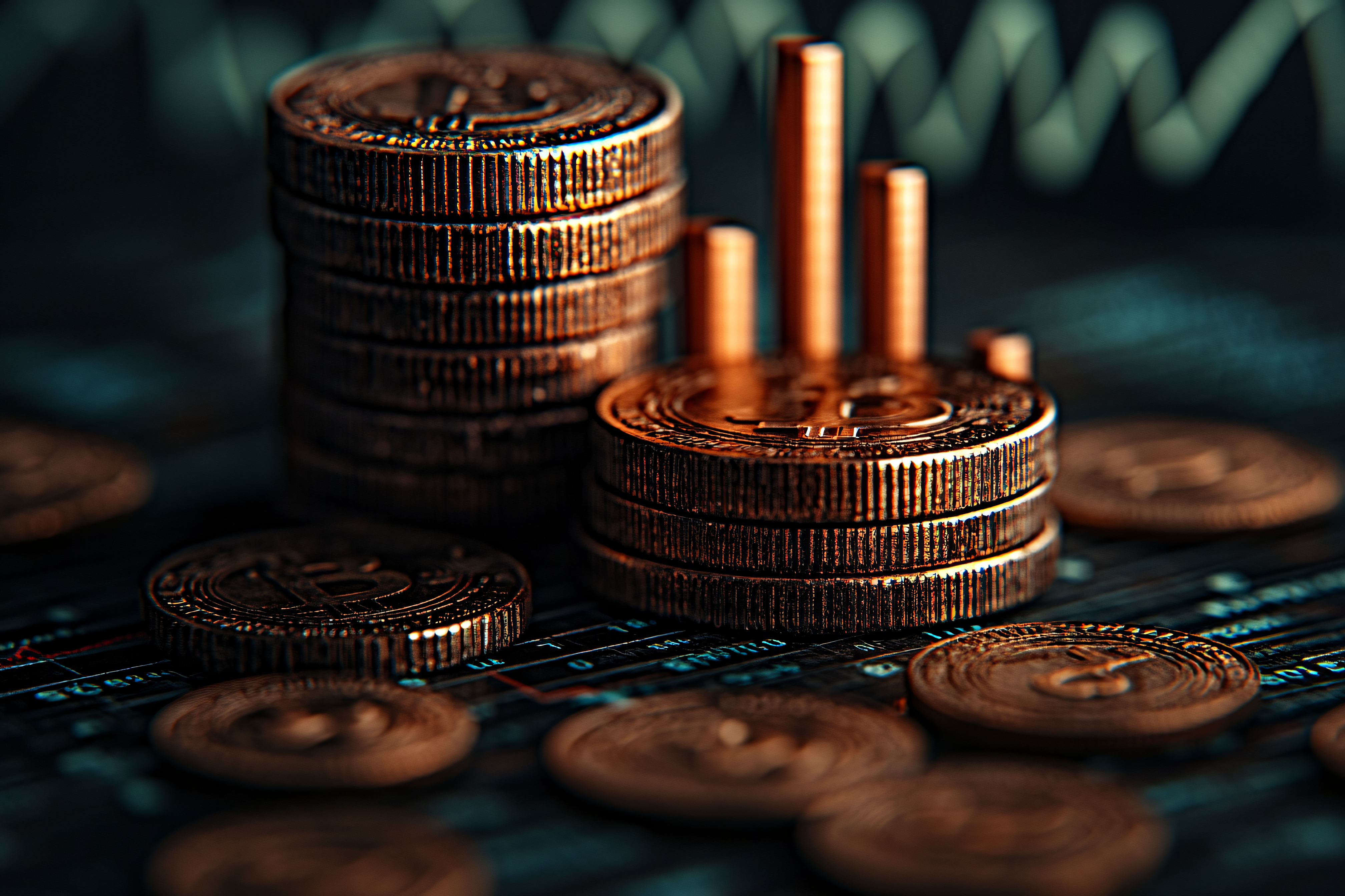 Stacks Of Bitcoin Coins And Graph