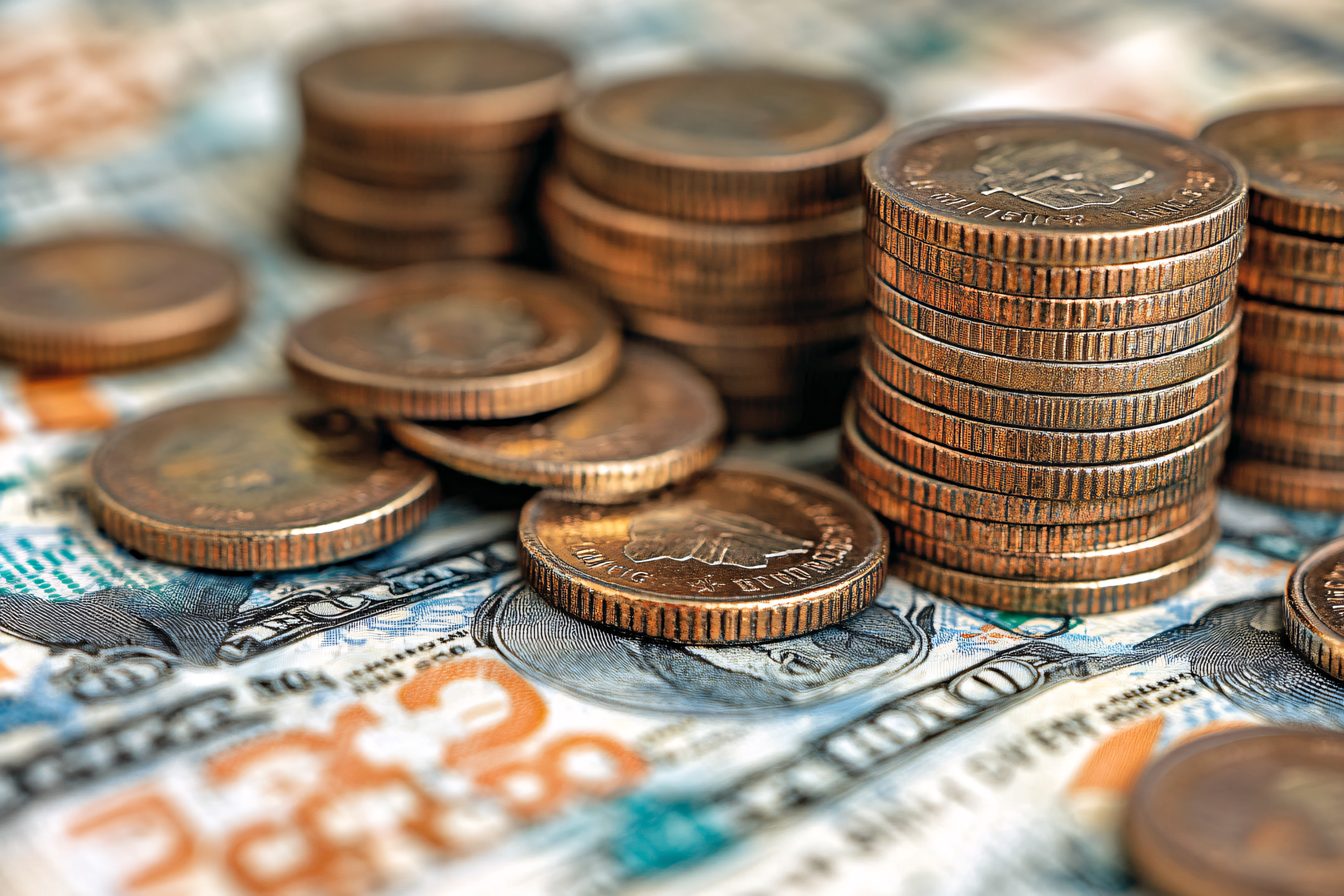 Stacks of Coins on Dollar Bills