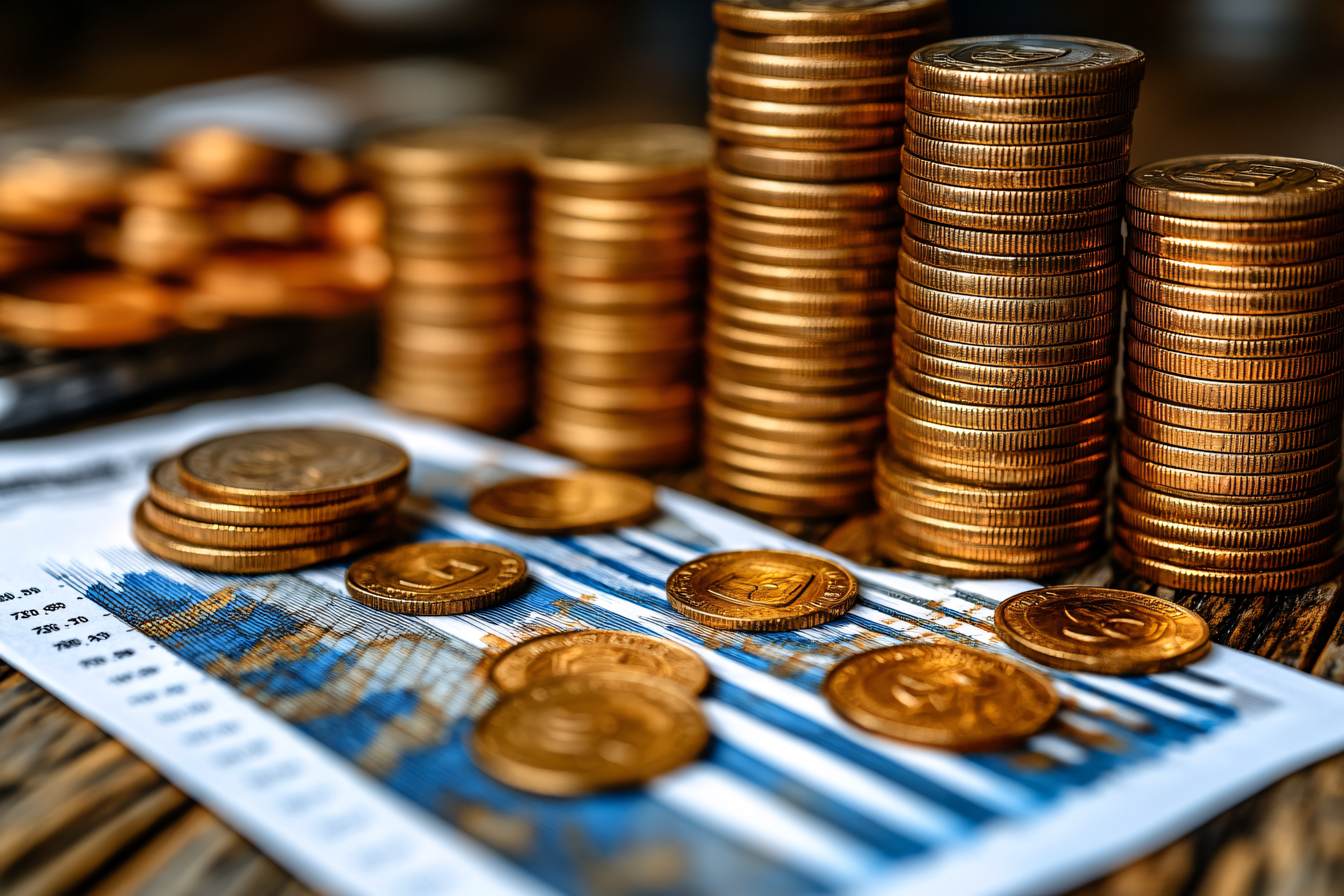 Stacks of Gold Coins and Financial Report
