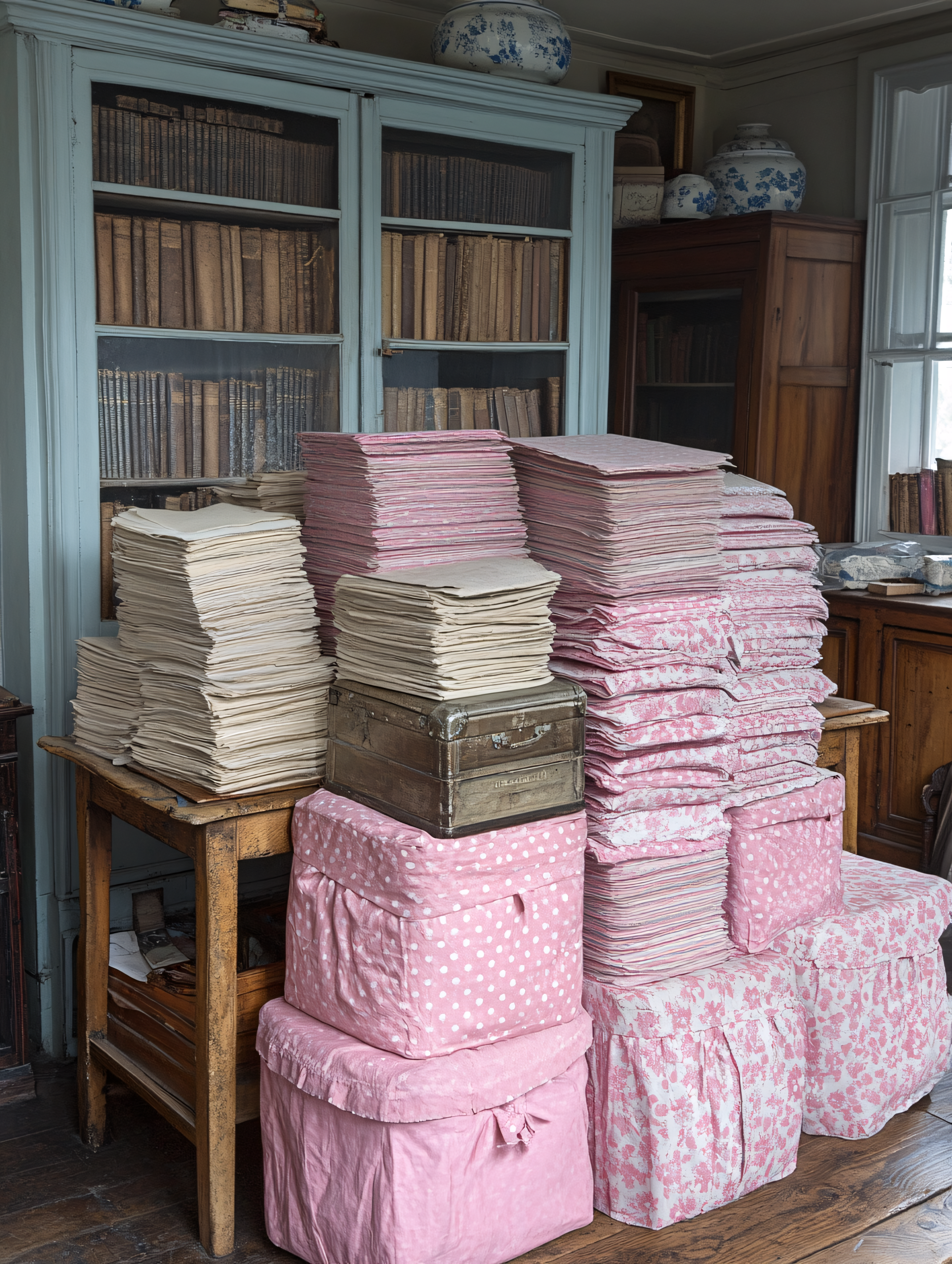Stacks of Pink Paper and Boxes in a Library