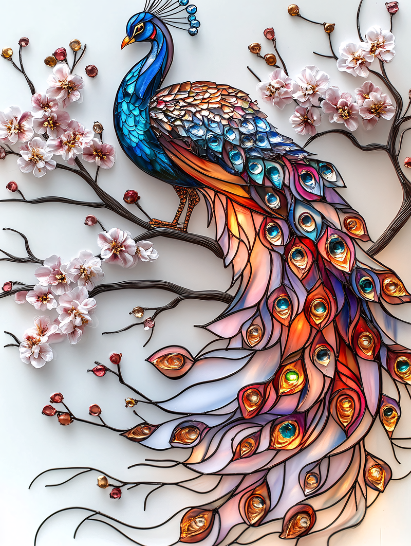 Stained Glass Peacock with Cherry Blossoms