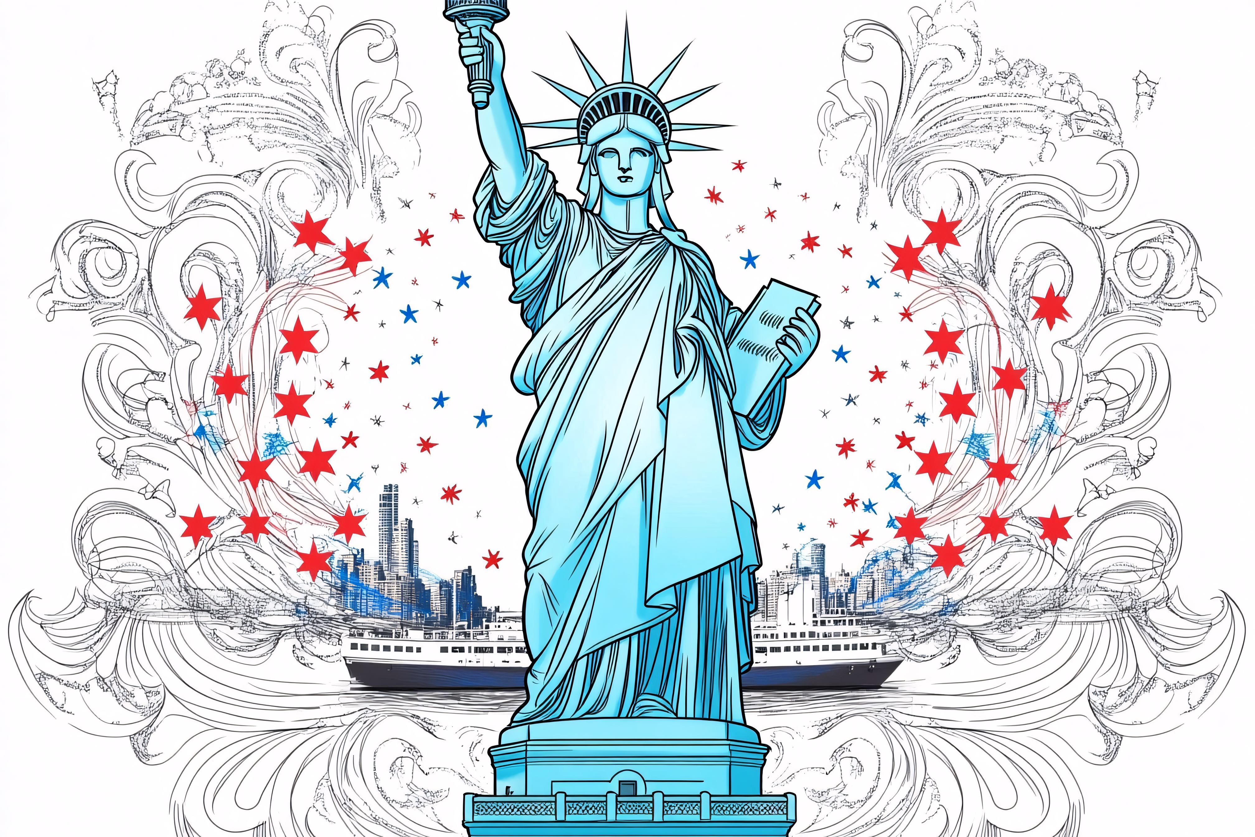 Statue Of Liberty With American Flag Stars