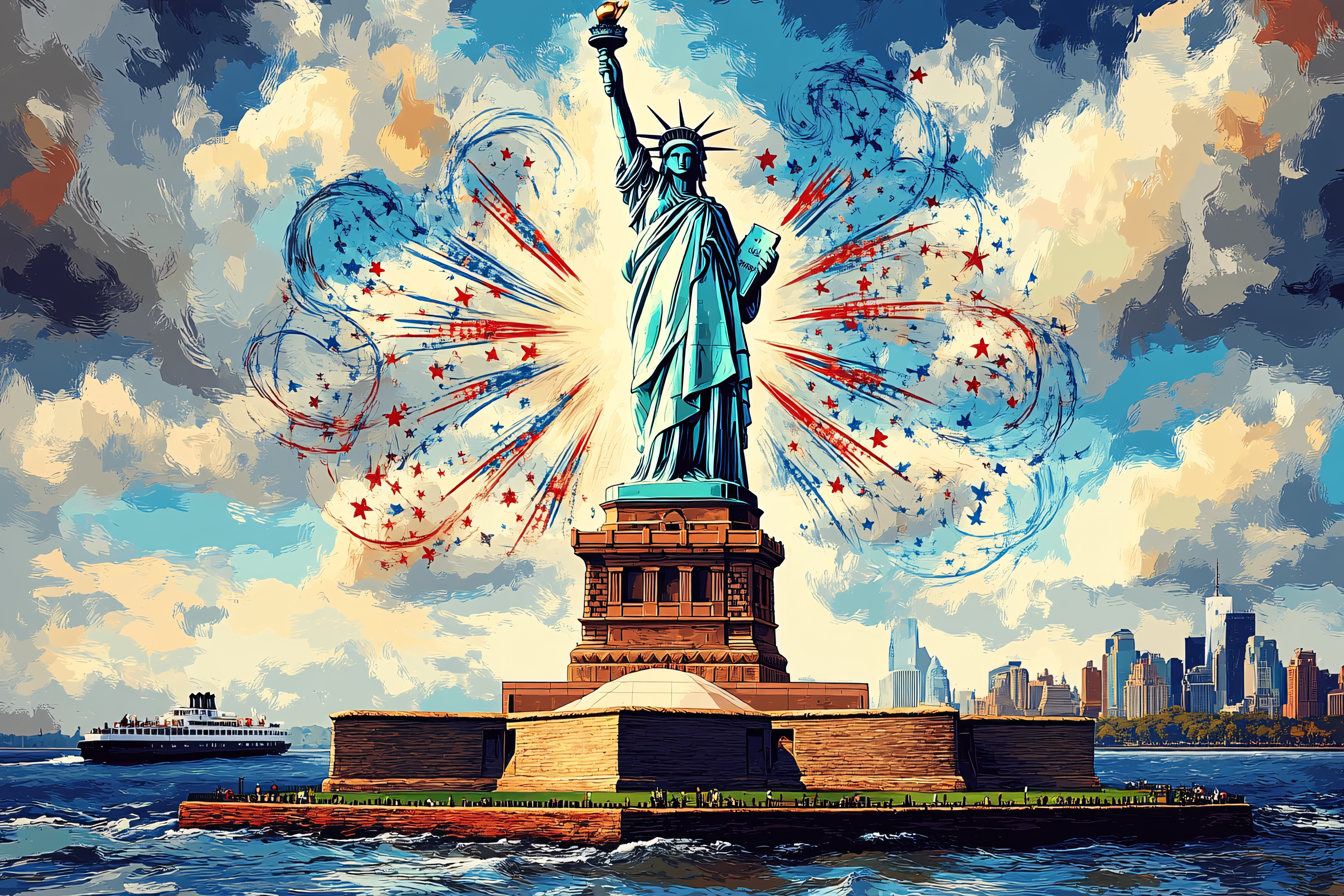 Statue Of Liberty With Fireworks