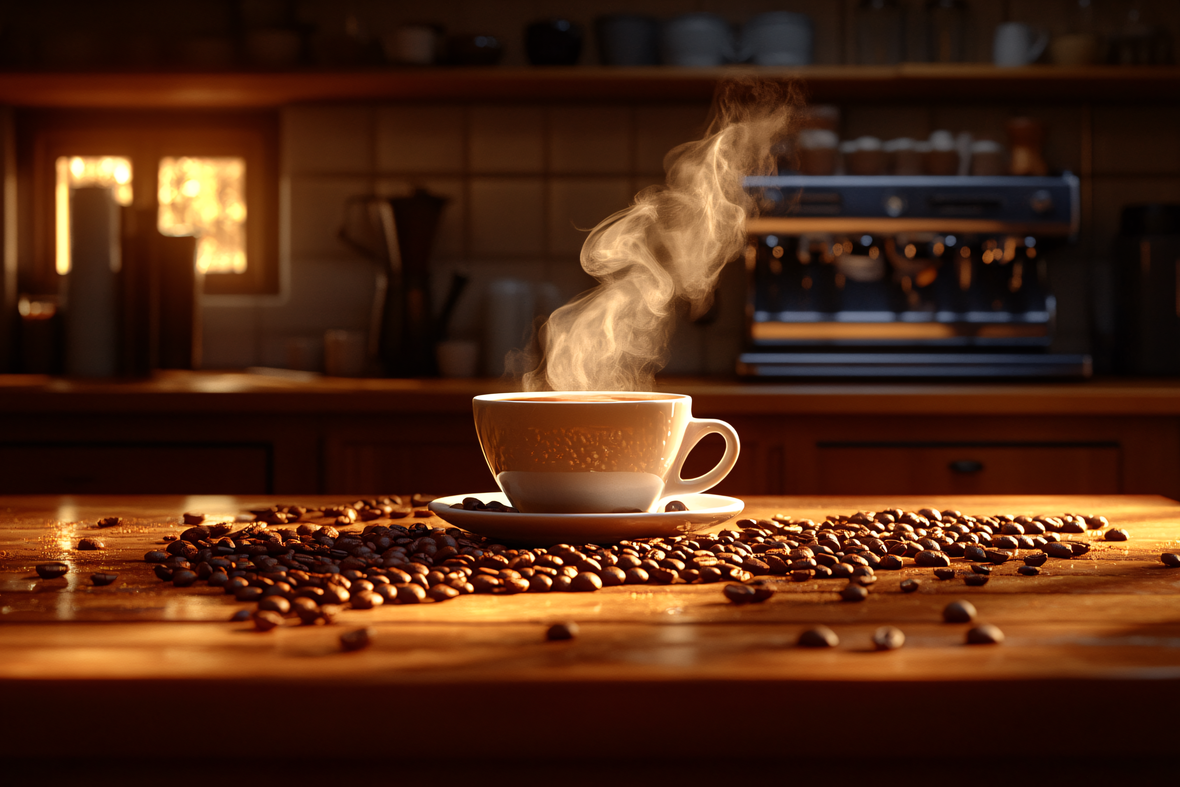 Steaming Coffee Cup on Wooden Table