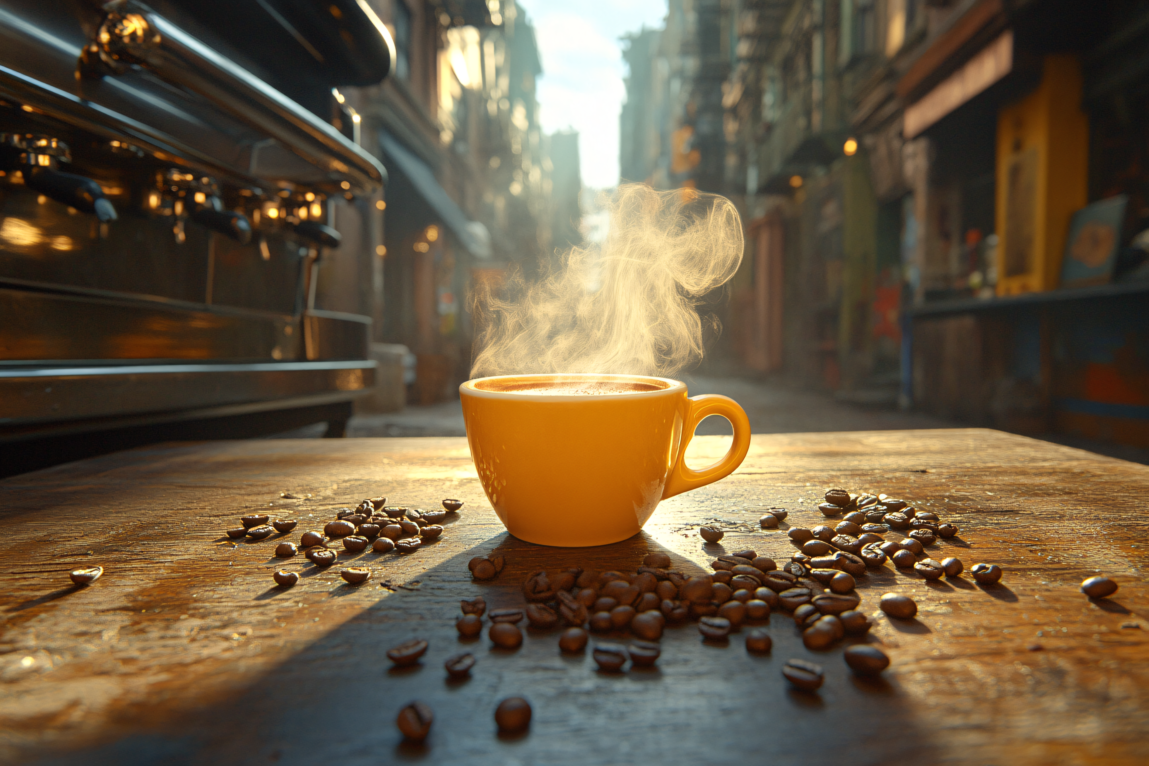 Steaming Coffee Cup on Wooden Table