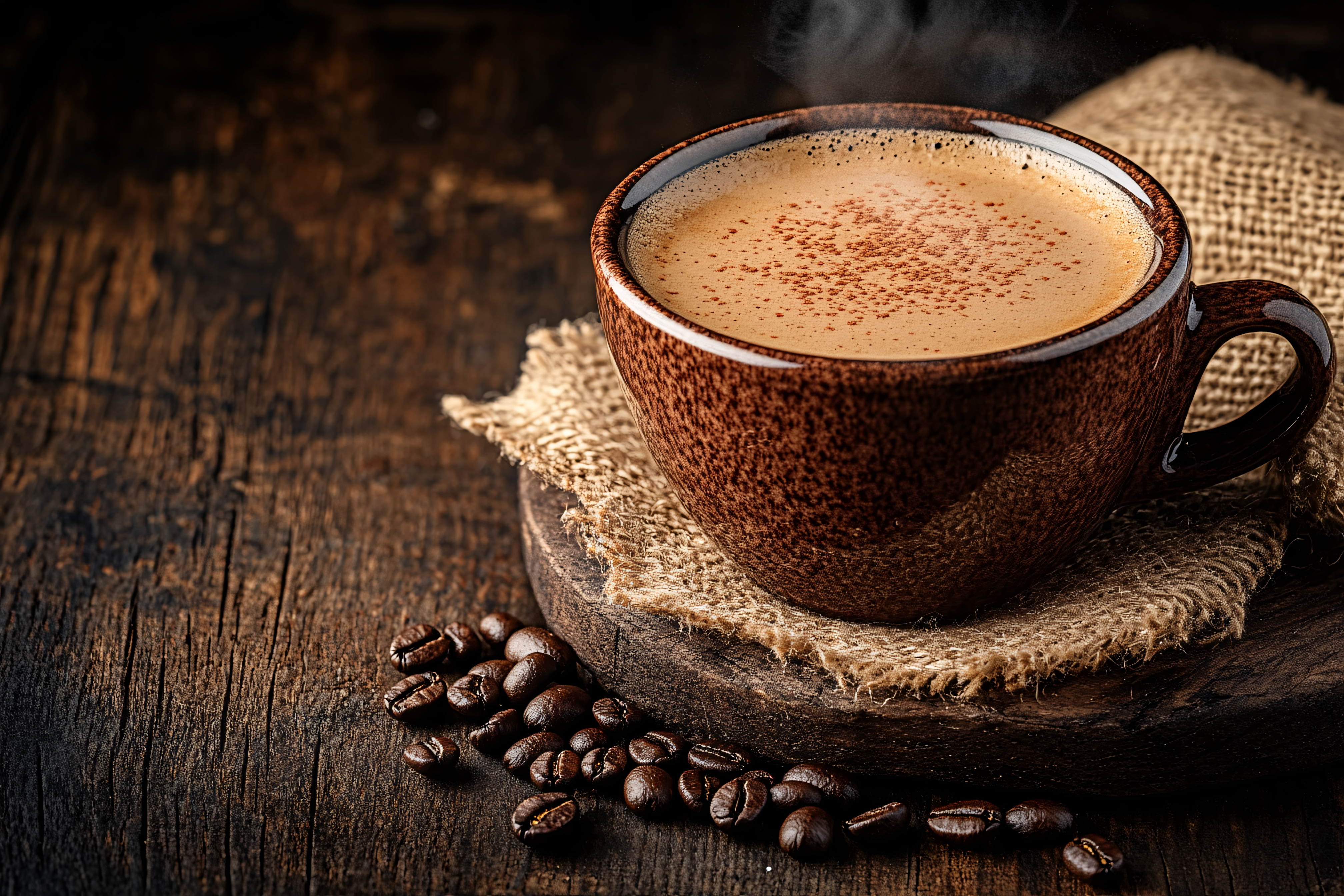 Steaming Coffee Cup with Beans on Wooden Table