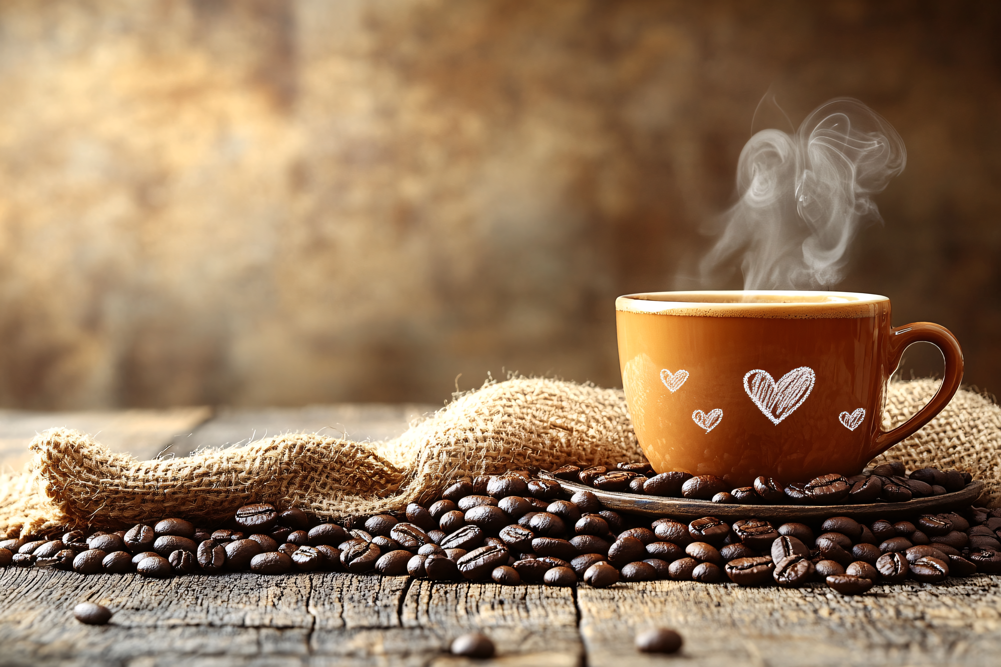 Steaming Coffee Cup With Hearts On Wooden Surface