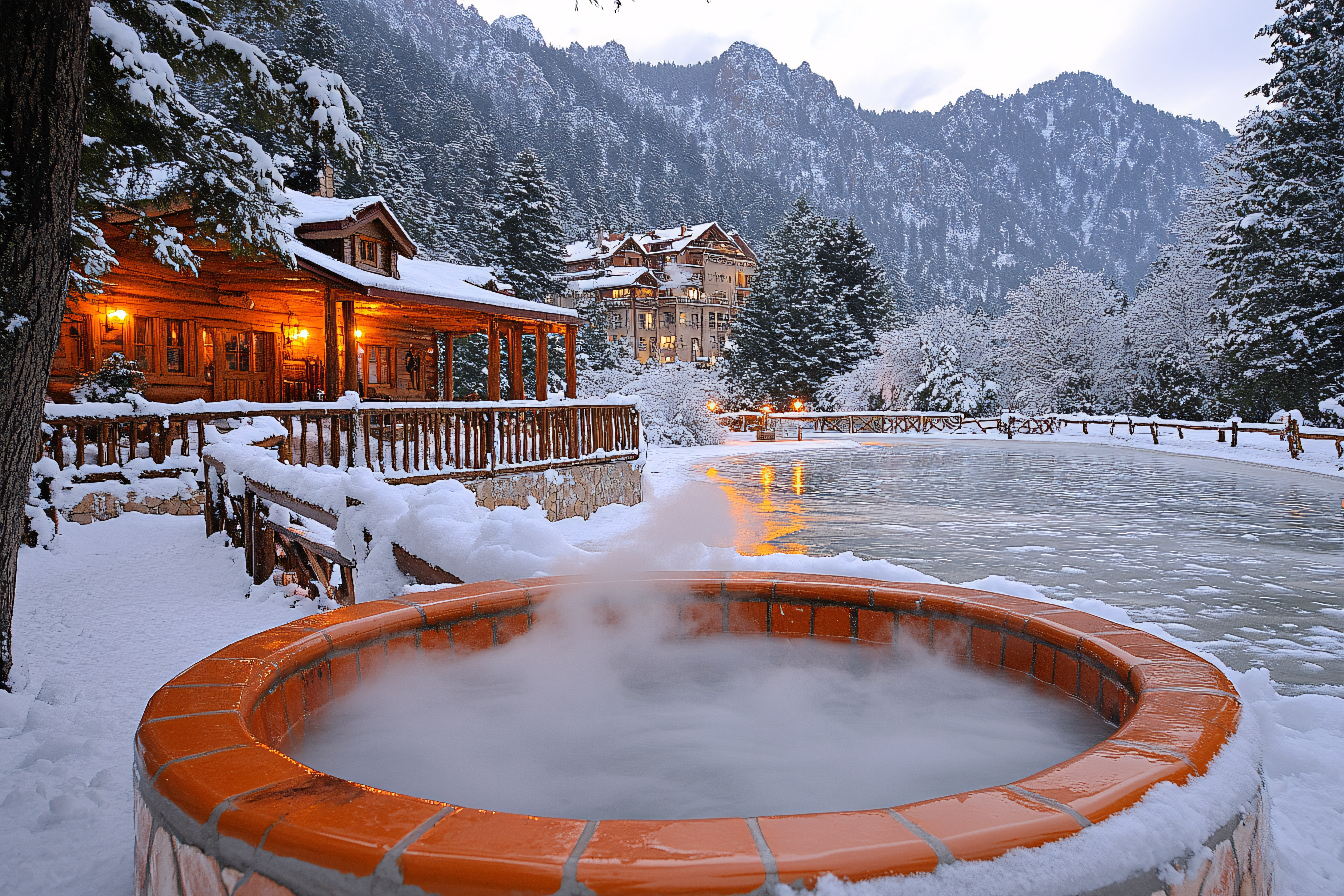 Steaming Hot Tub Snowy Cabin