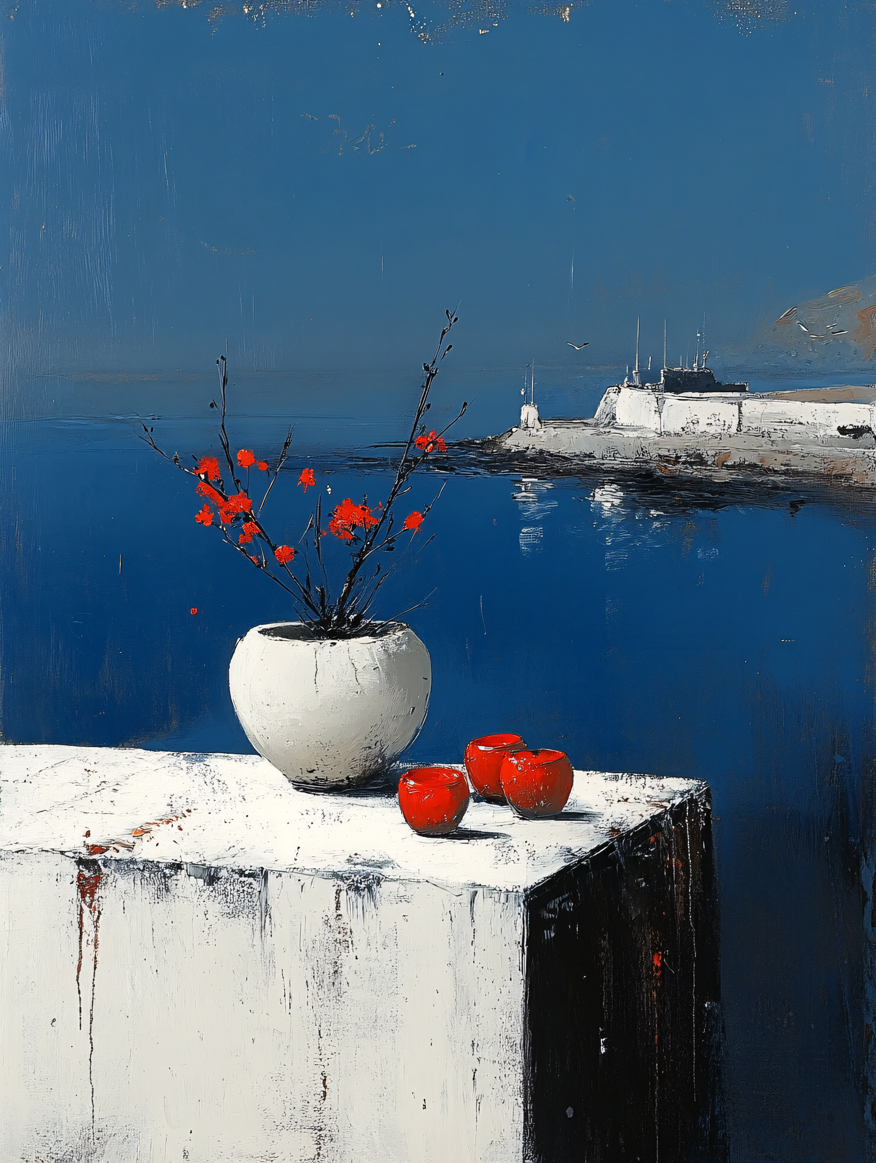 Still Life with Red Blooms and Harbor View