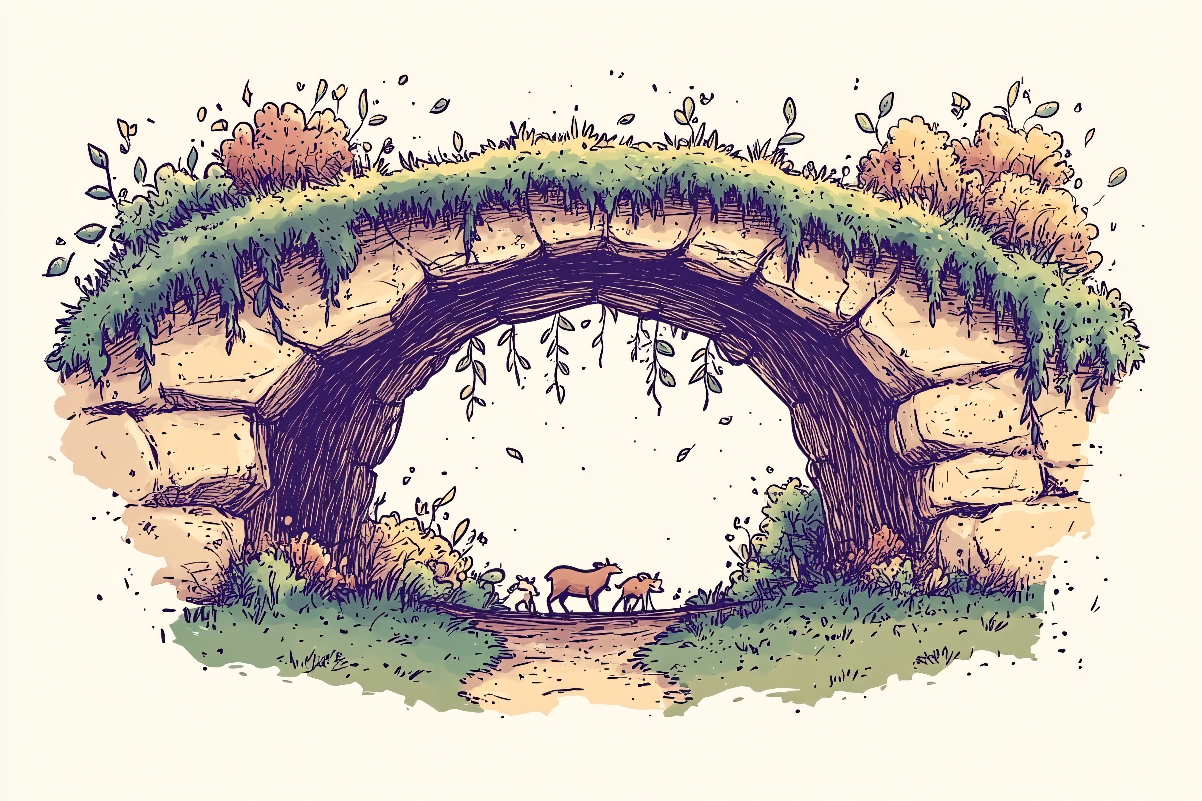 Stone Arch Bridge with Deer Family