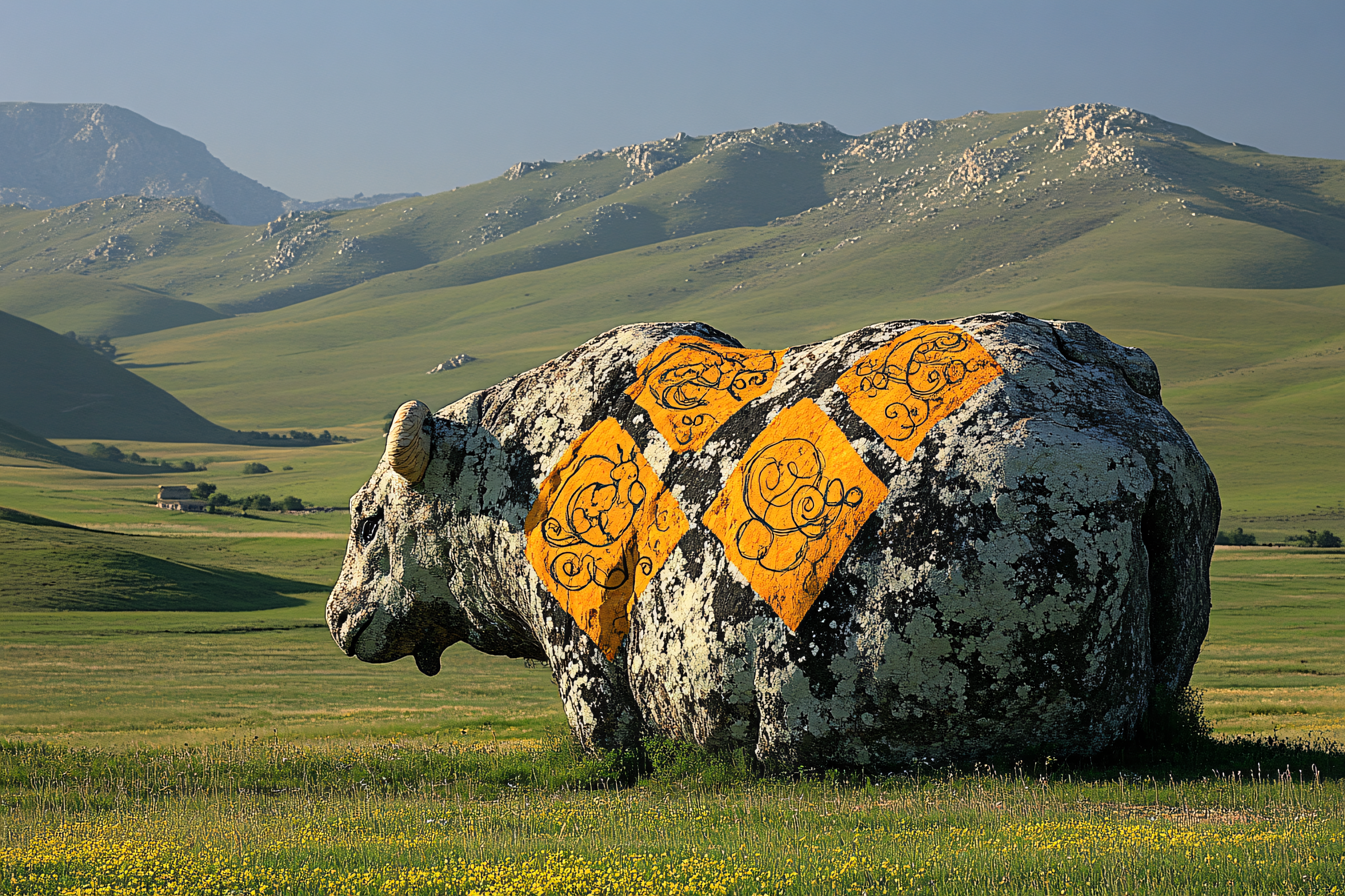 Stone Bull Sculpture in Grassy Landscape