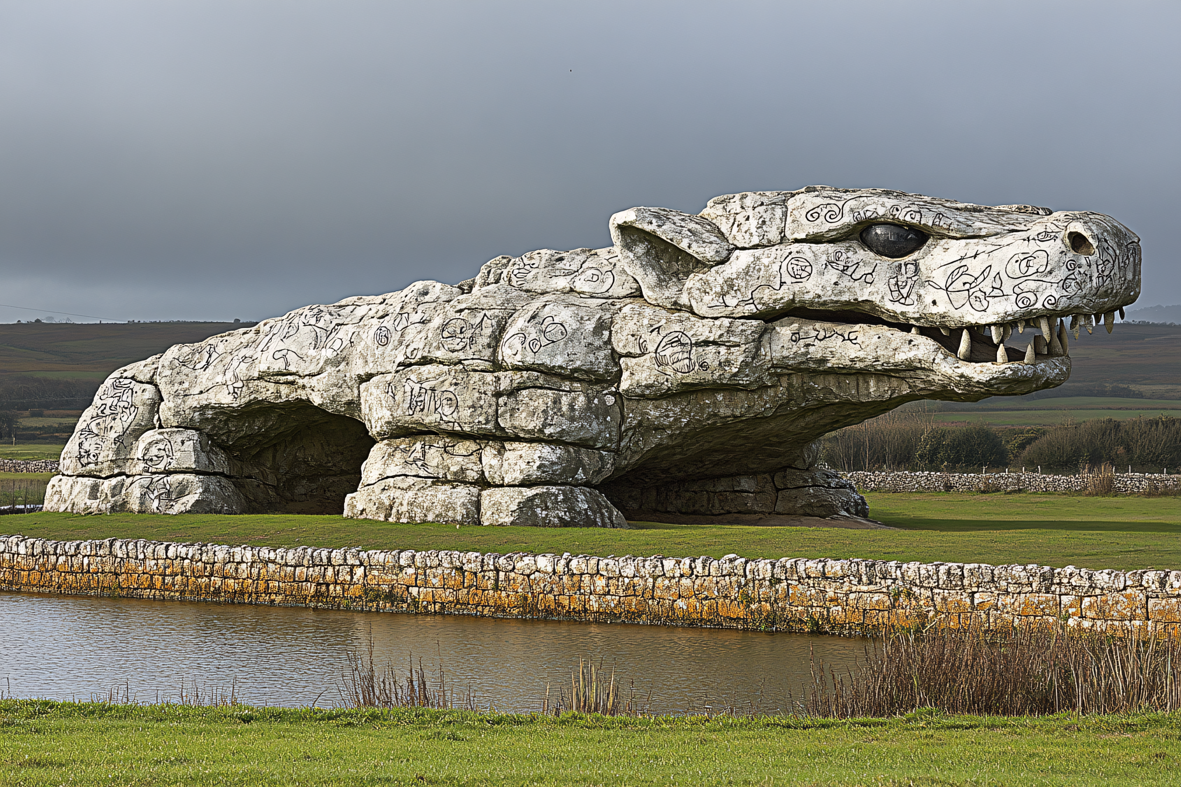 Stone Dragon Sculpture By Water
