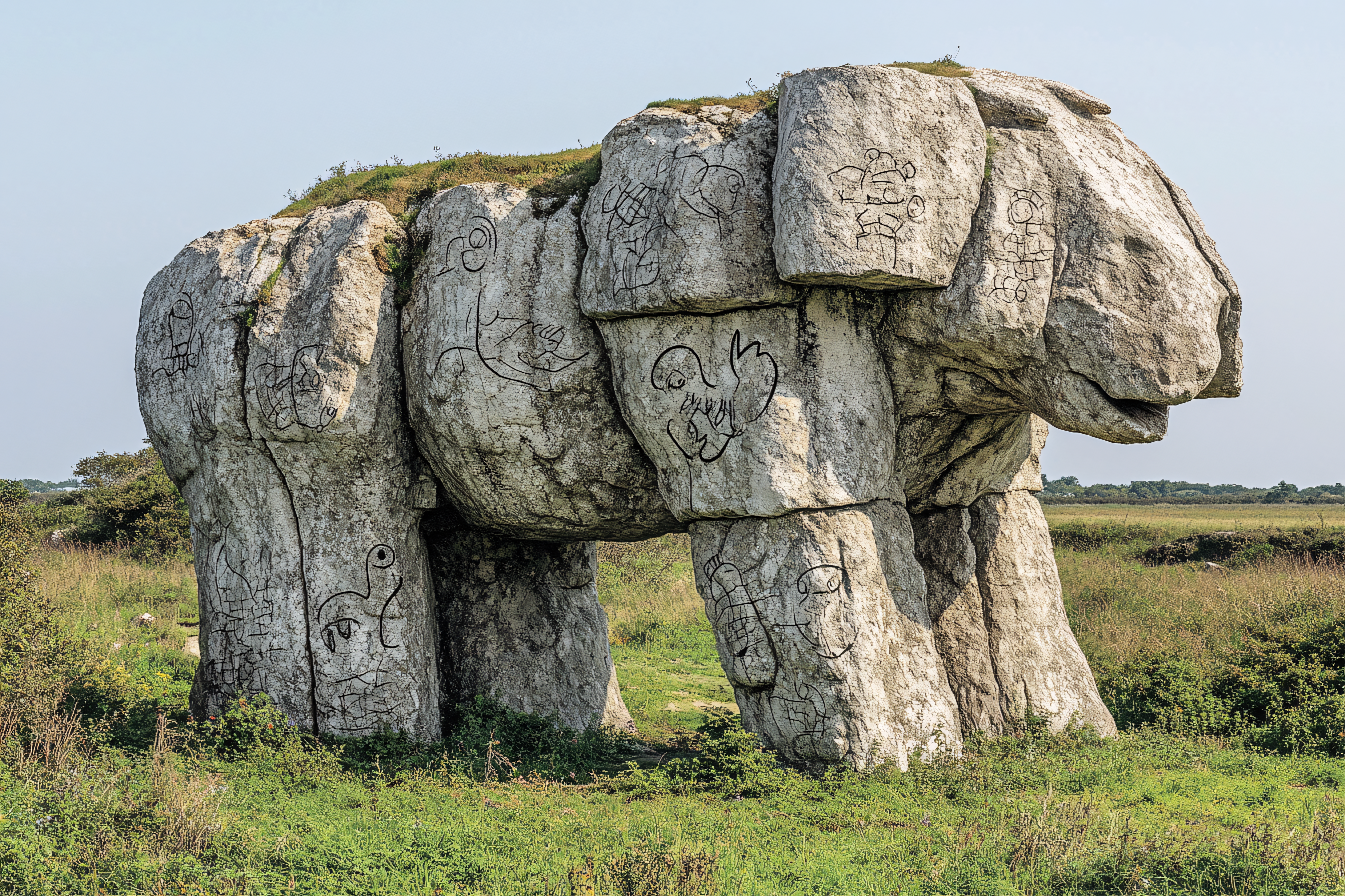 Stone Elephant Sculpture with Carvings