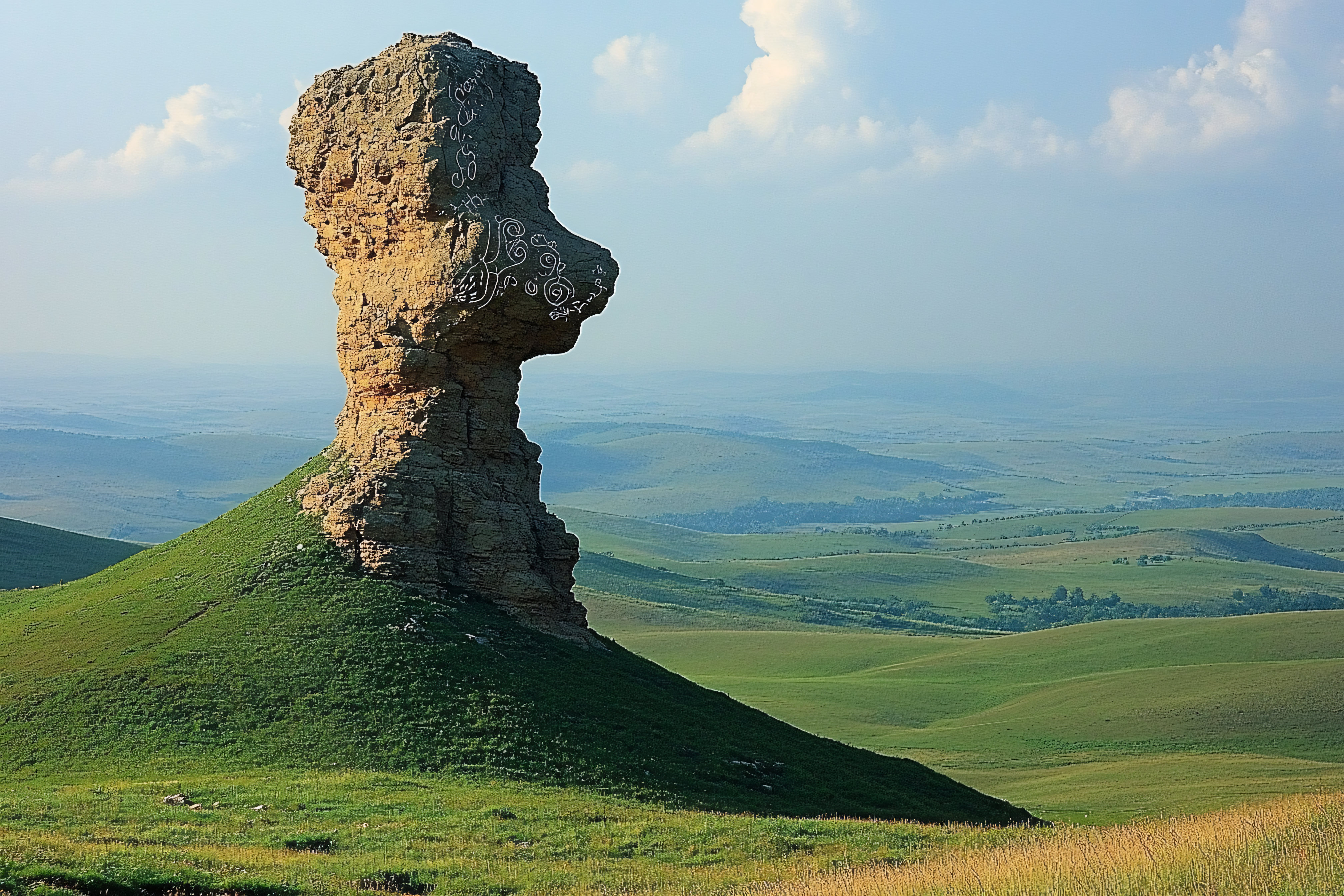 Stone Face In Green Landscape
