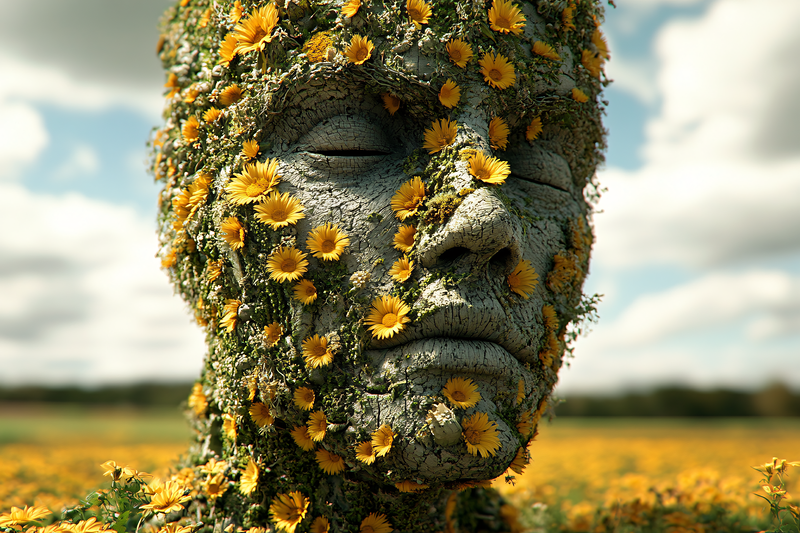 Stone Face with Yellow Flowers