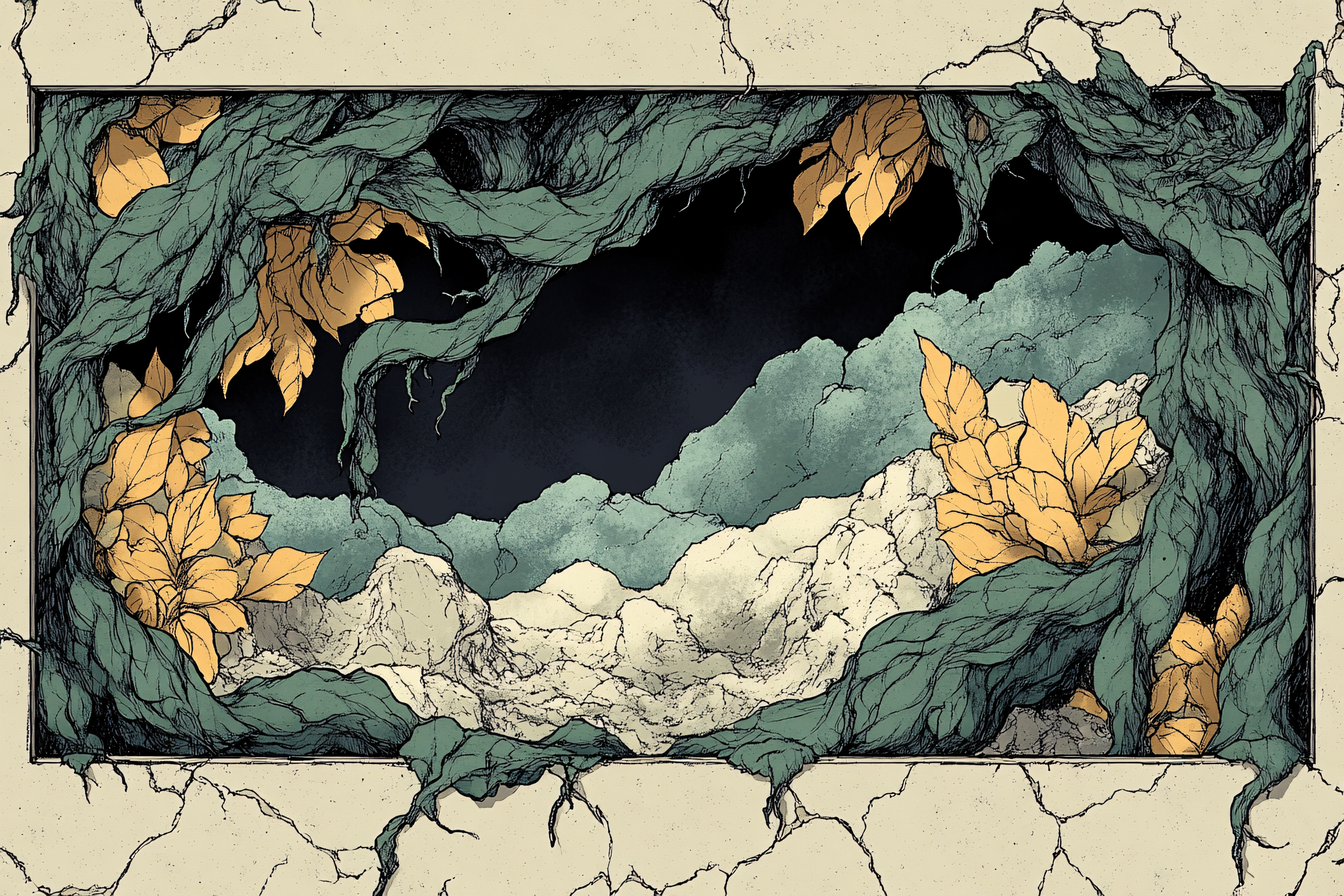 Stone Frame with Golden Leaves