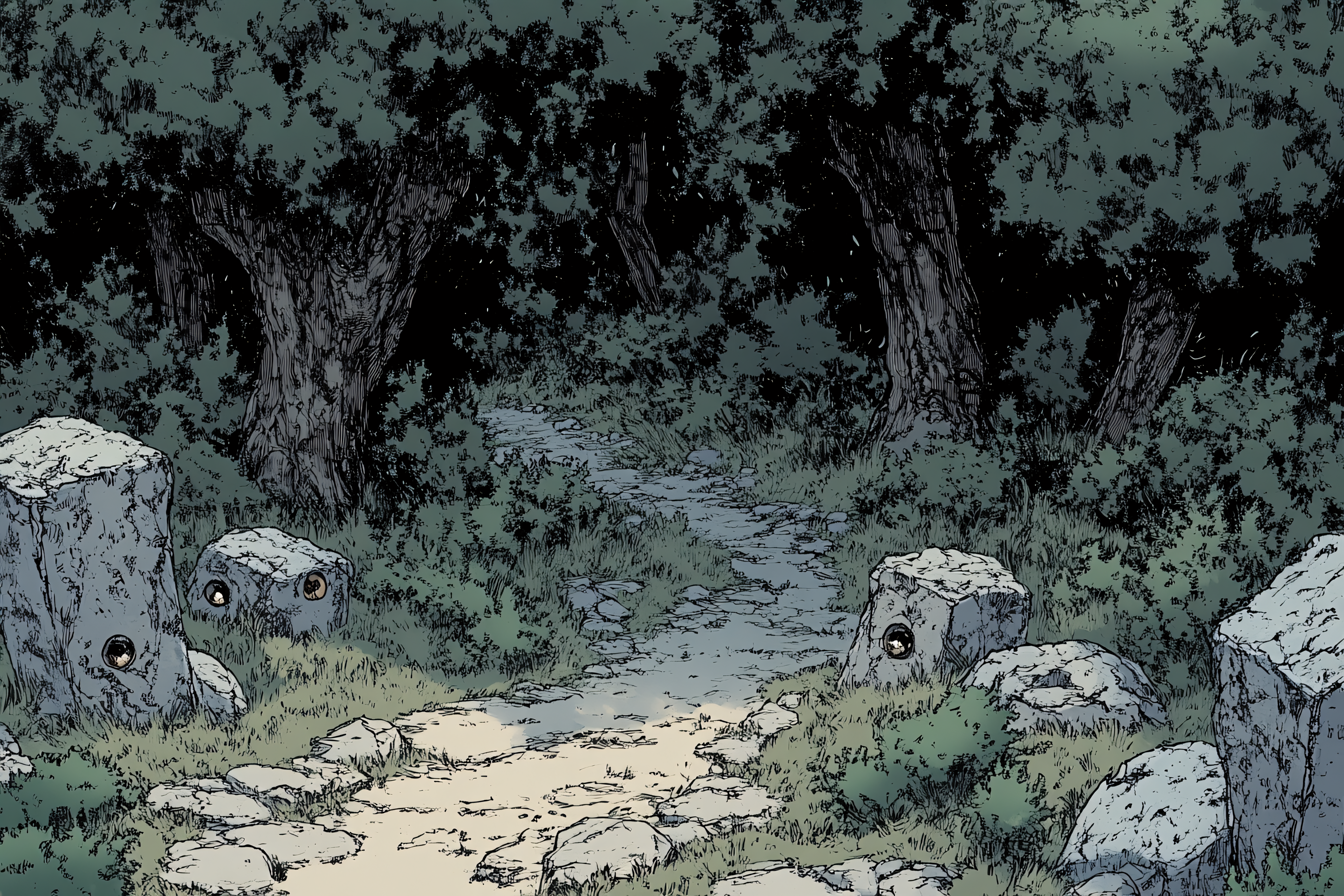 Stone Guardians In Forest Path