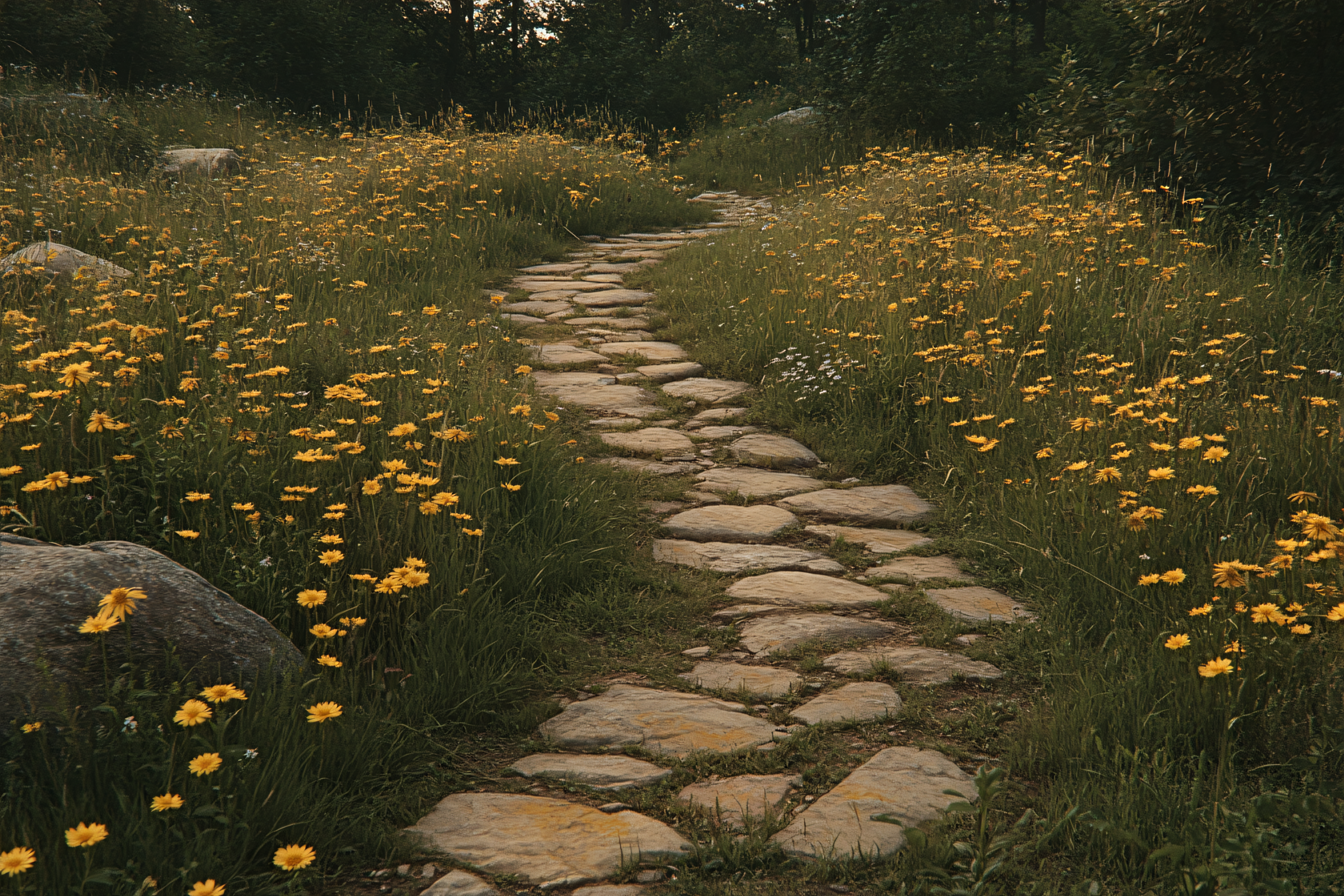 Stone Path Through a Meadow of Yellow Flowers