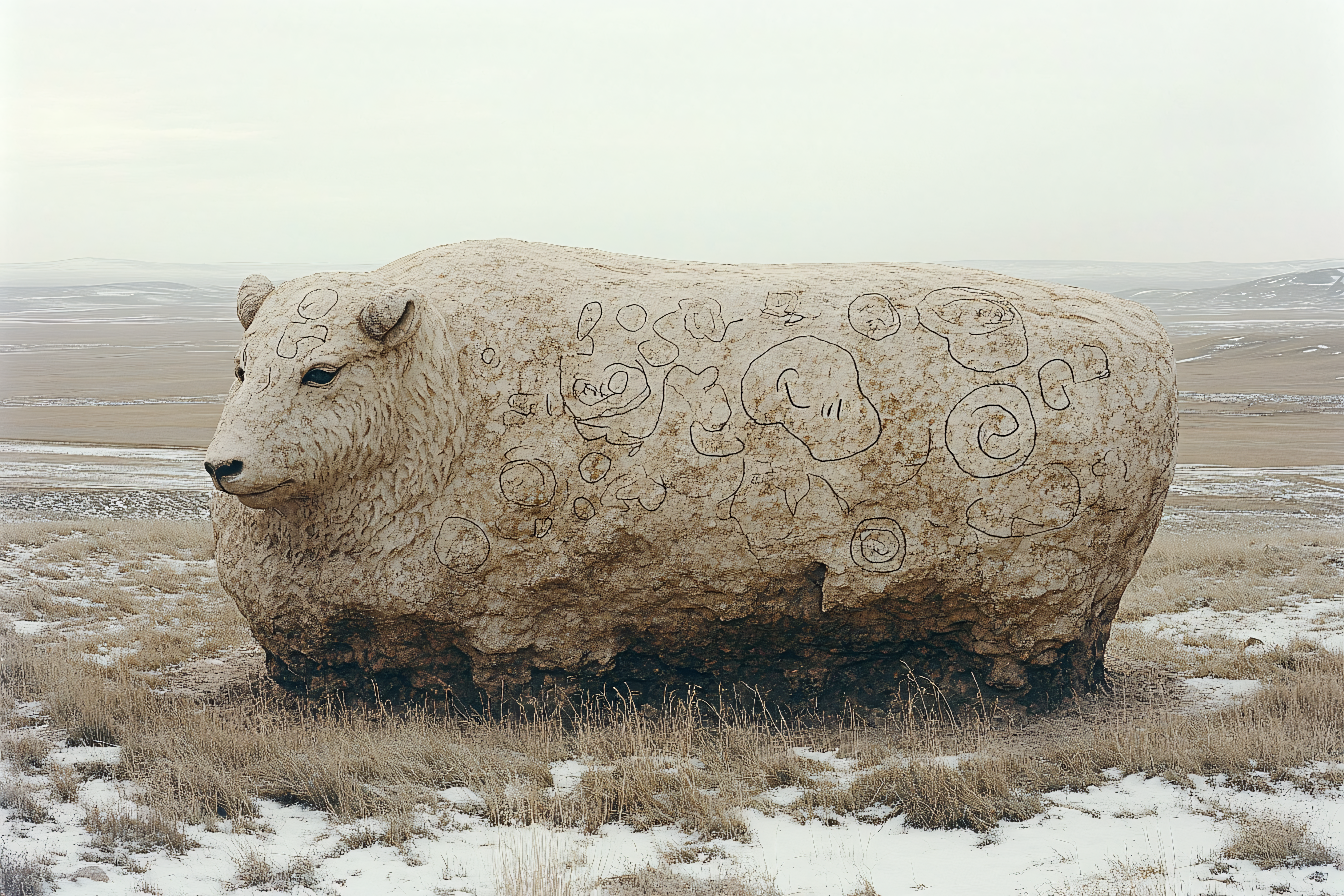 Stone Sheep Sculpture with Drawings