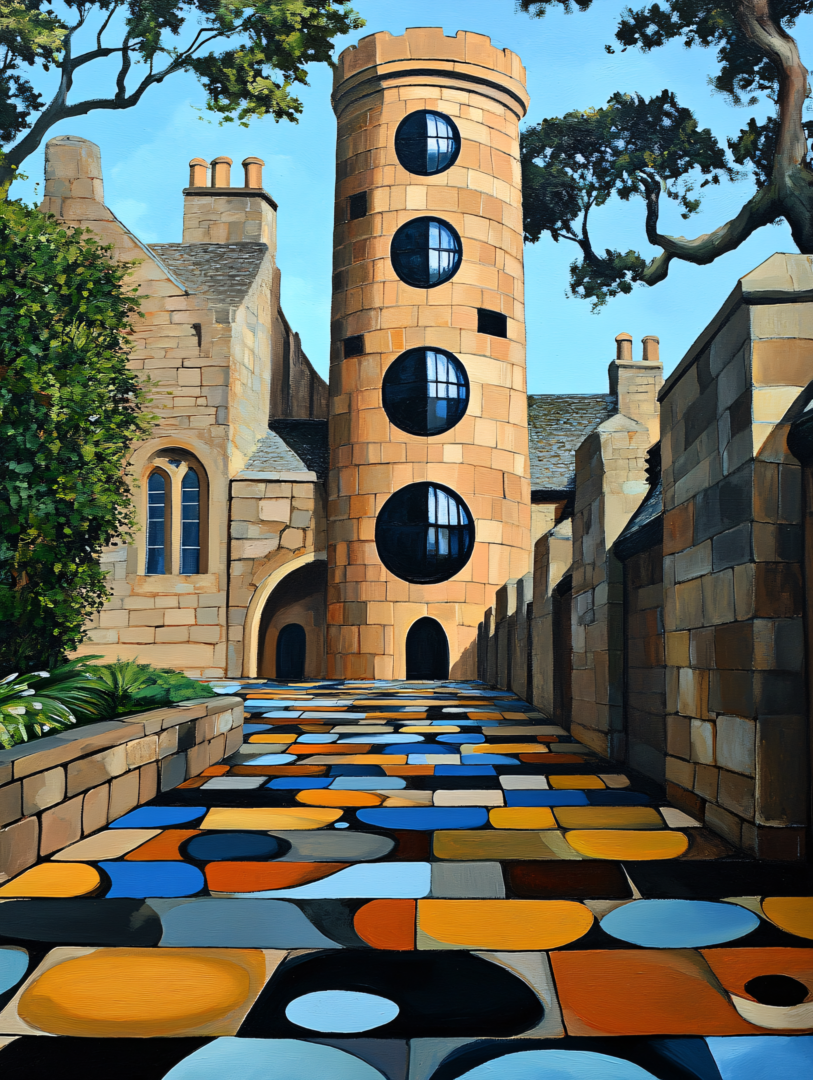 Stone Tower And Colorful Pathway Painting