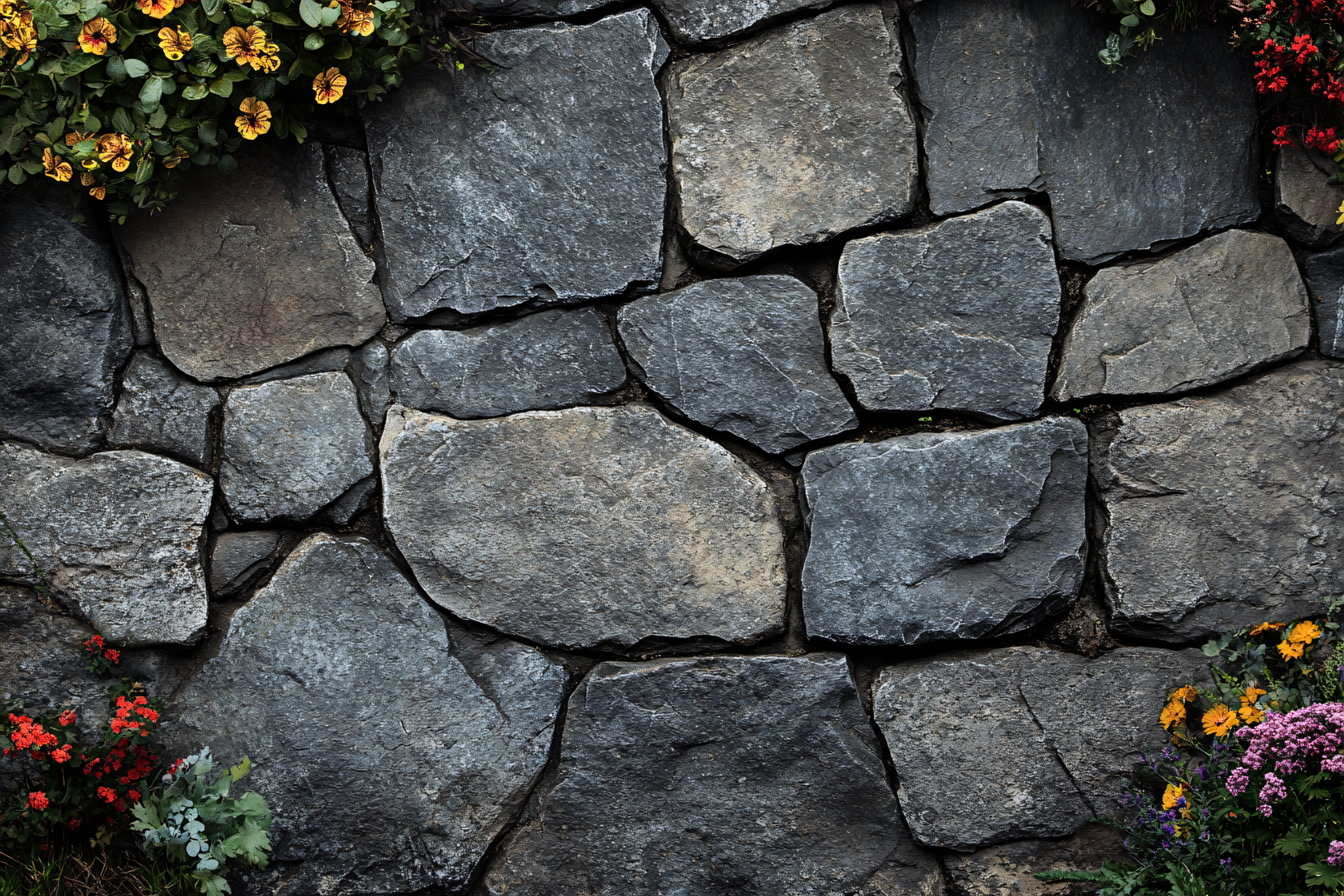 Stone Wall Texture with Flowers