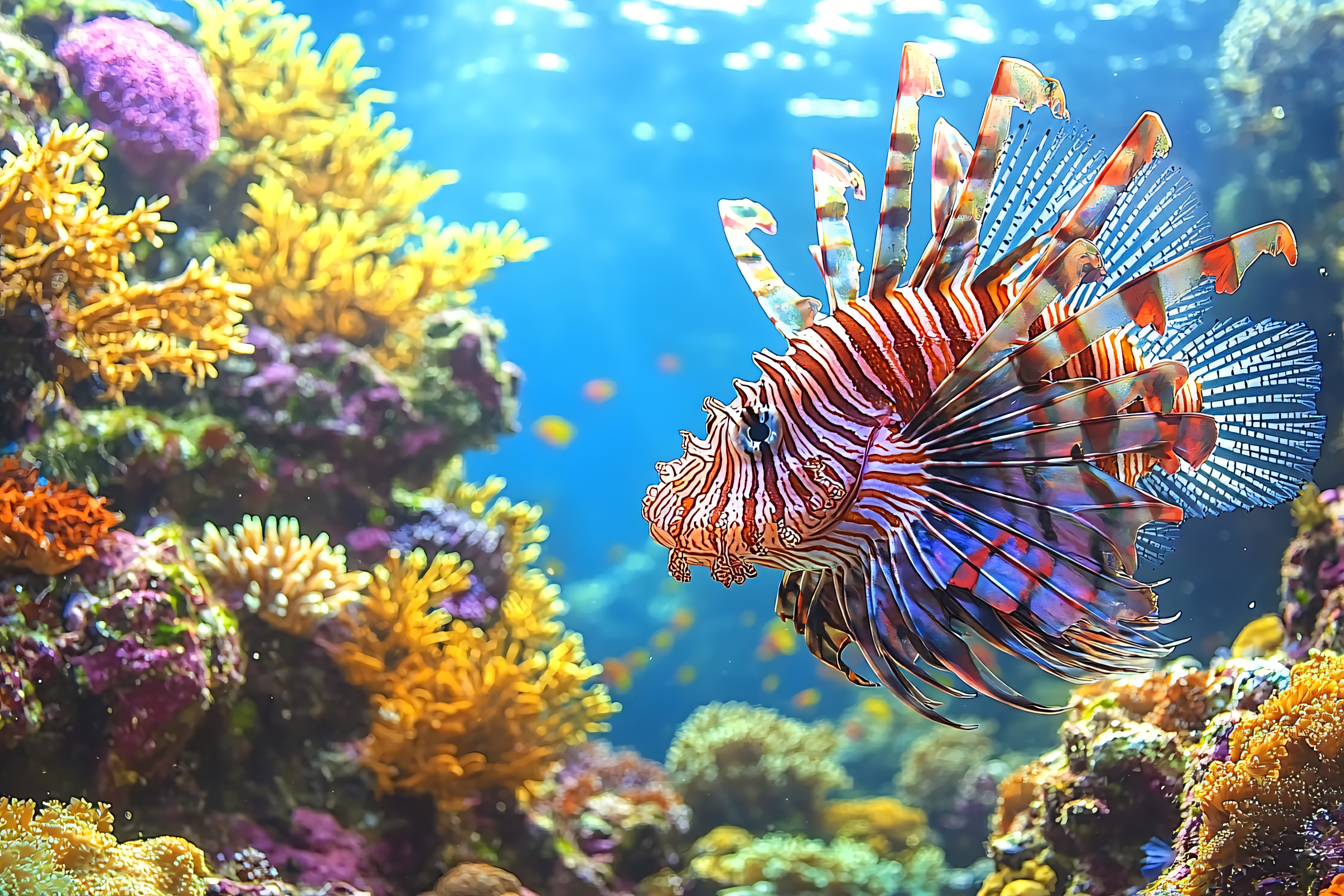 Striking Lionfish in Coral Reef