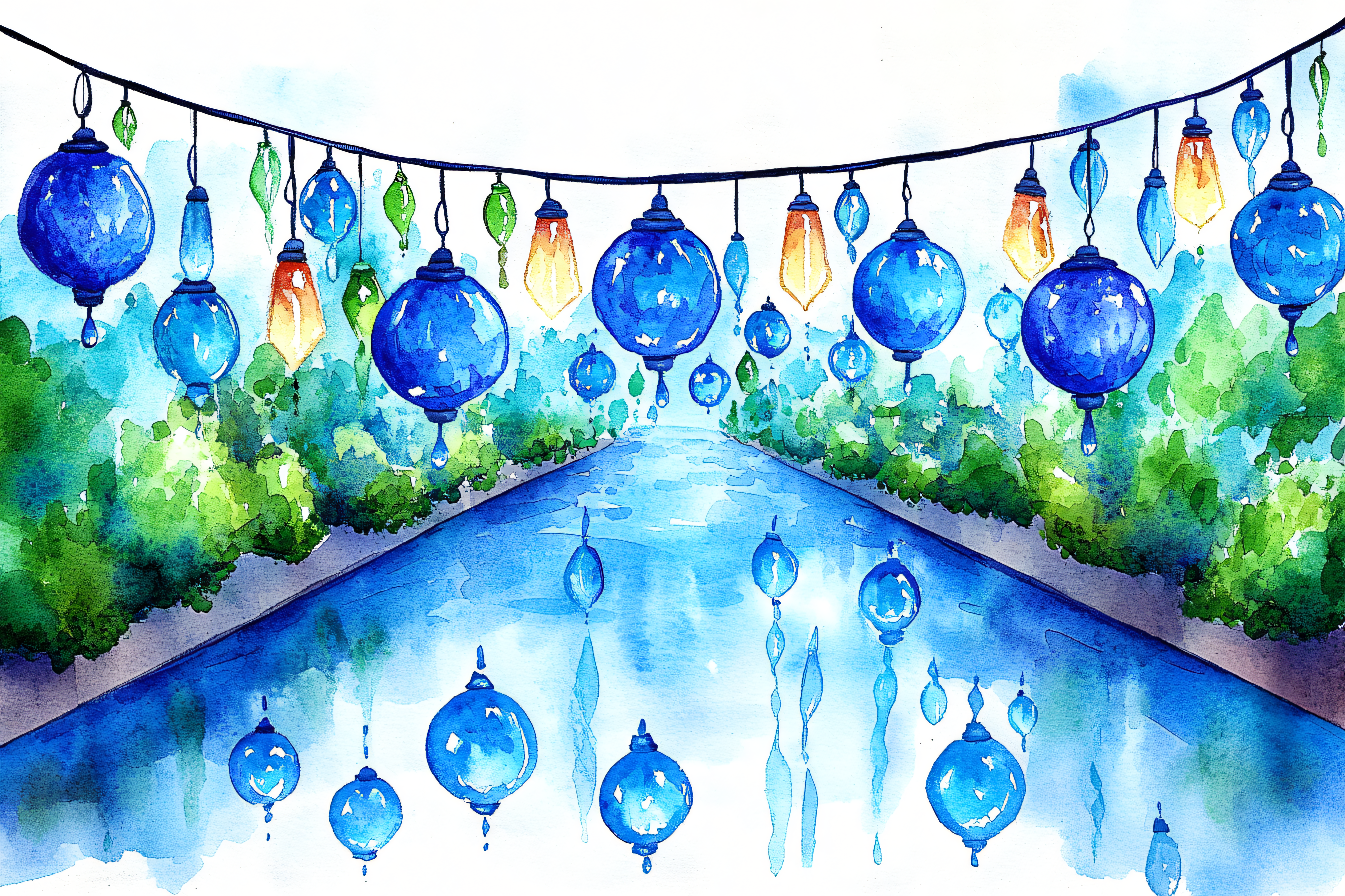 String Of Blue Watercolor Lanterns Hanging Above A Path