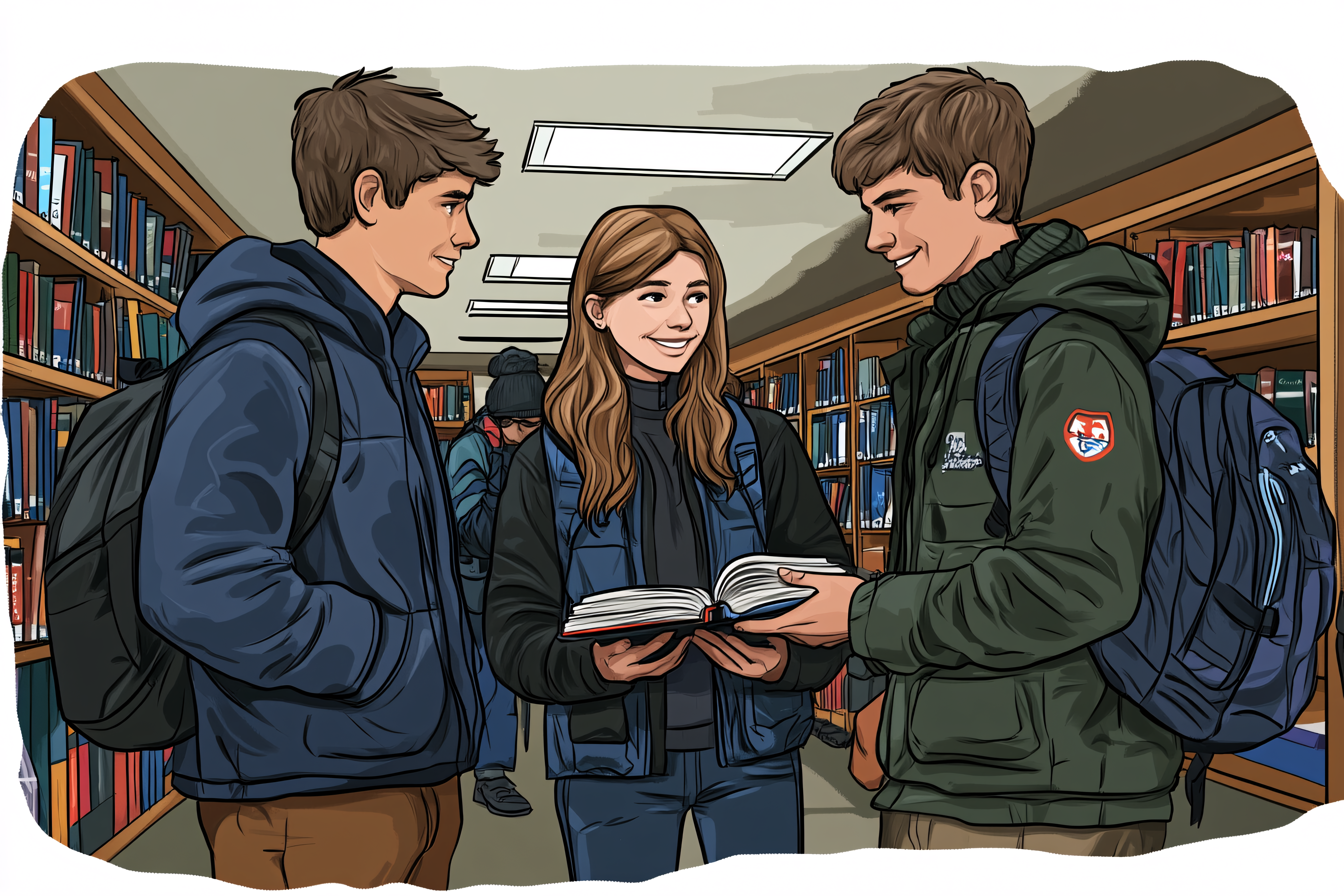 Students Discussing Book In Library