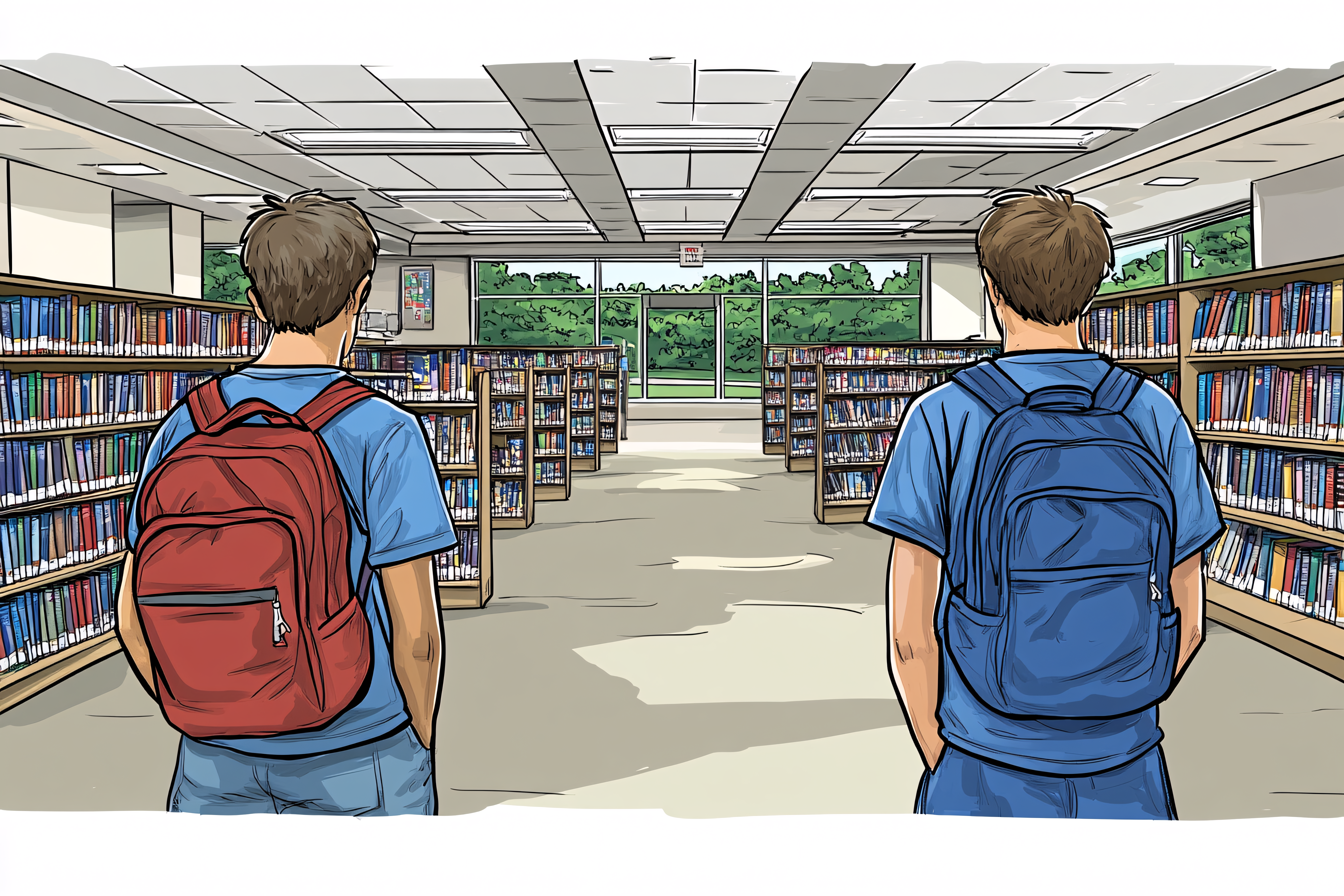 Students with Backpacks in Library Aisle
