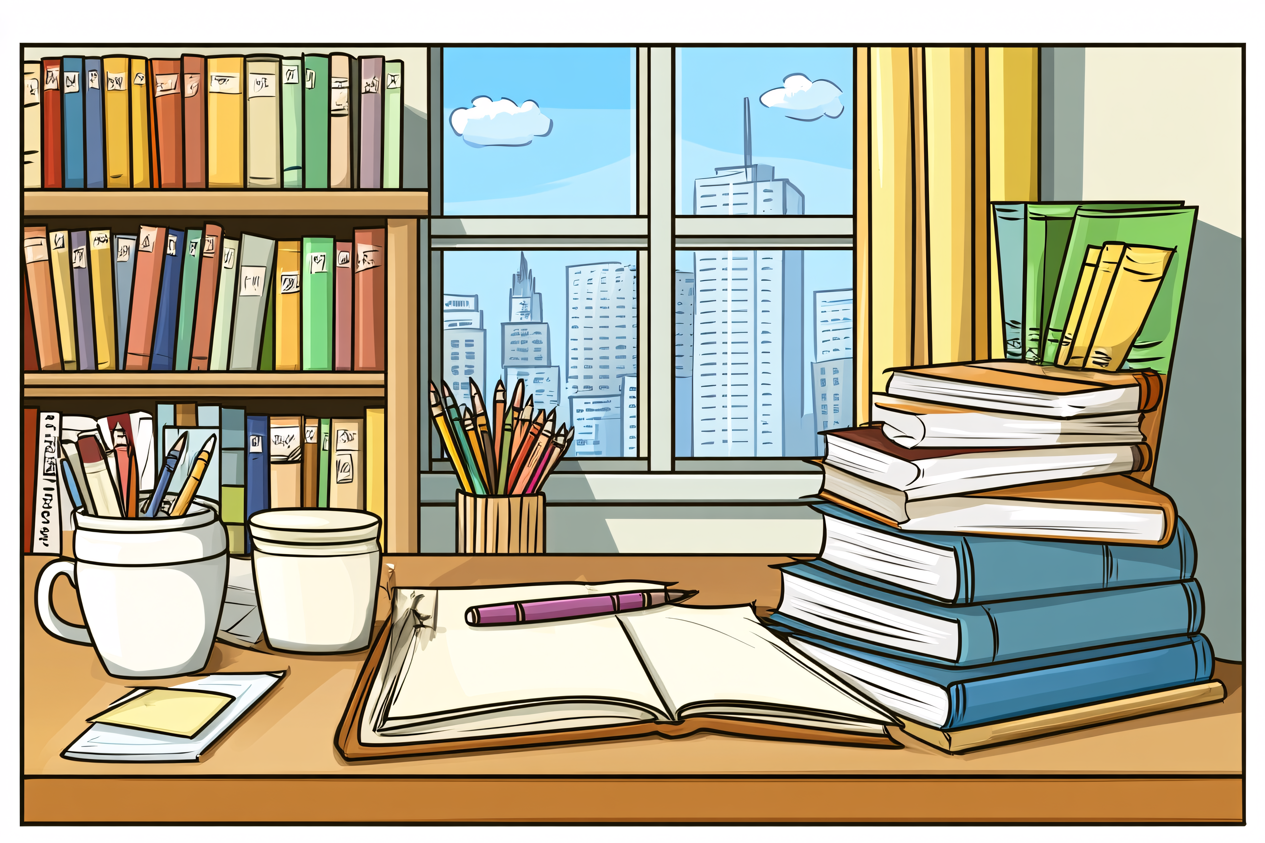 Study Desk With Bookshelf And City View